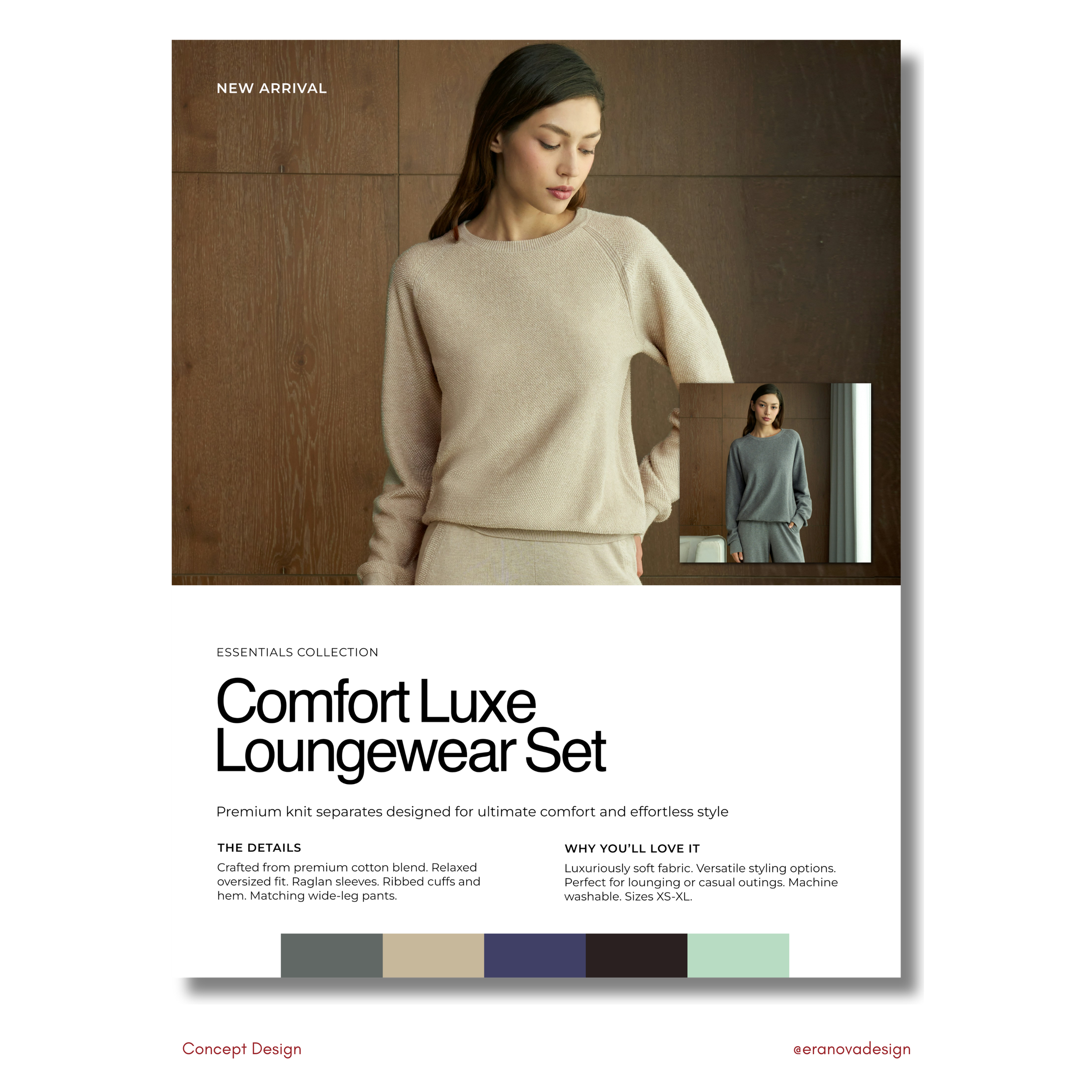 Comfort Luxe Loungewear Flyer — Clean product marketing layout balancing editorial photography with structured information design and neutral earth-tone palette.