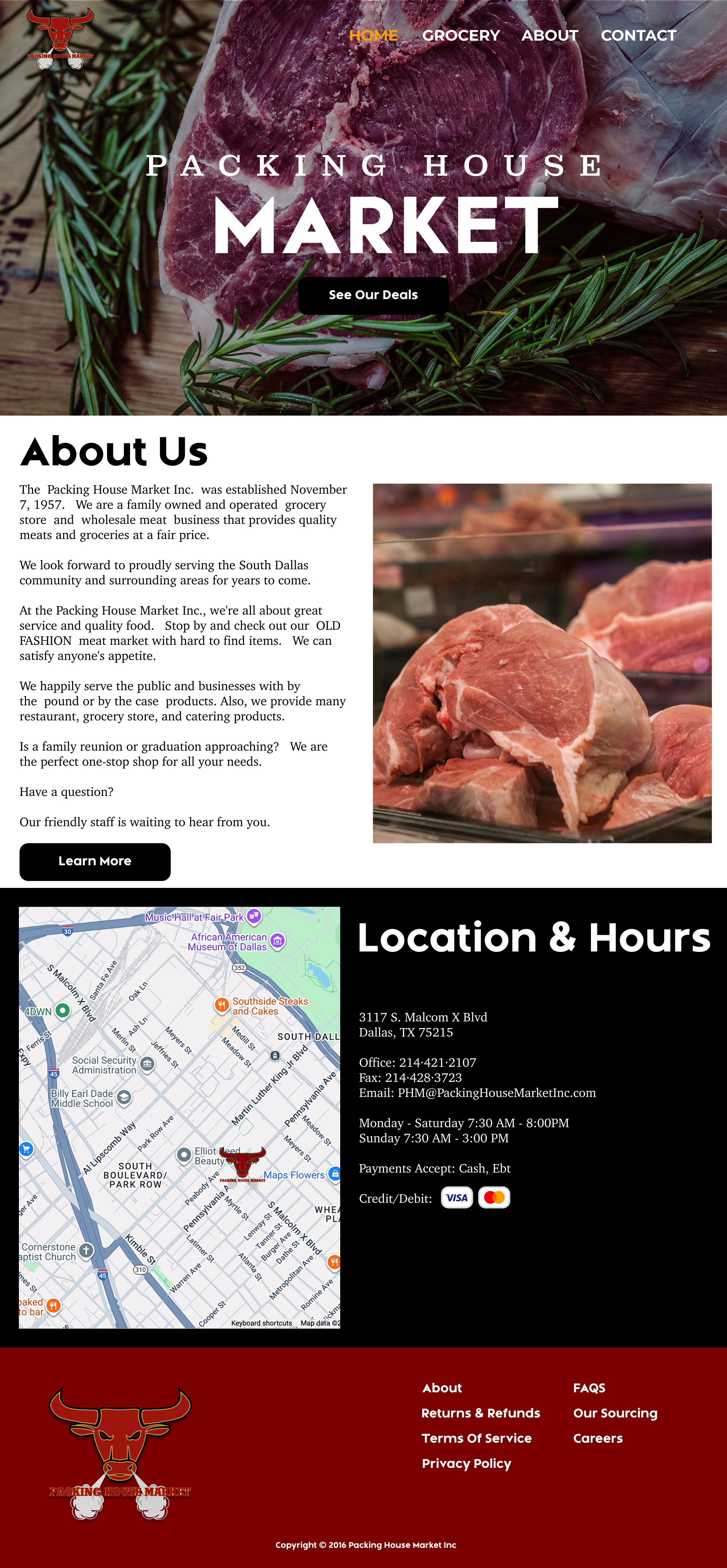 Homepage of Packing House Market featuring a large image of raw steak with rosemary, sections about the store, location, and hours, a map, and the store's contact information.