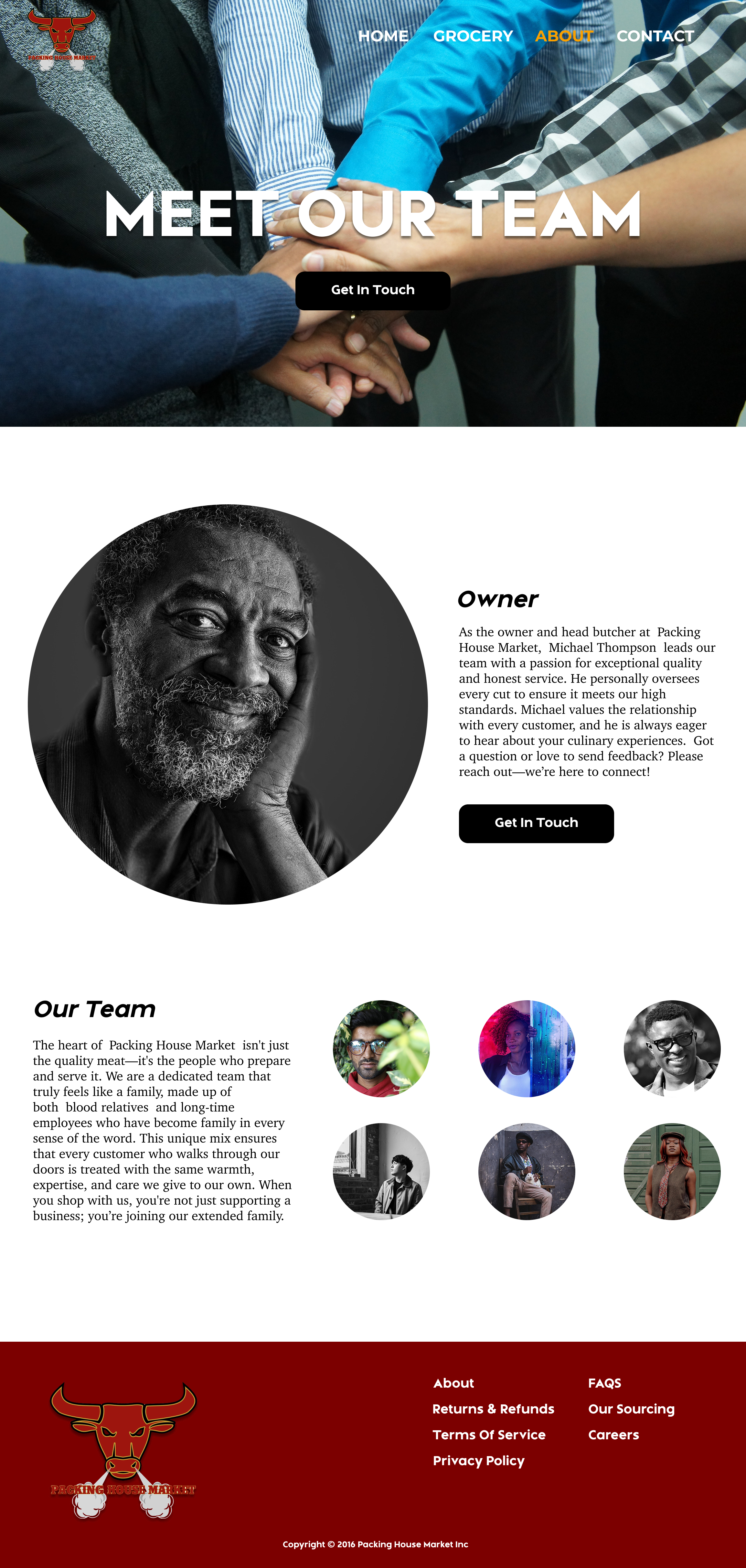 Website homepage for Packing House Market featuring a team introduction, owner profile, and team photos, with navigation menu and company logo.