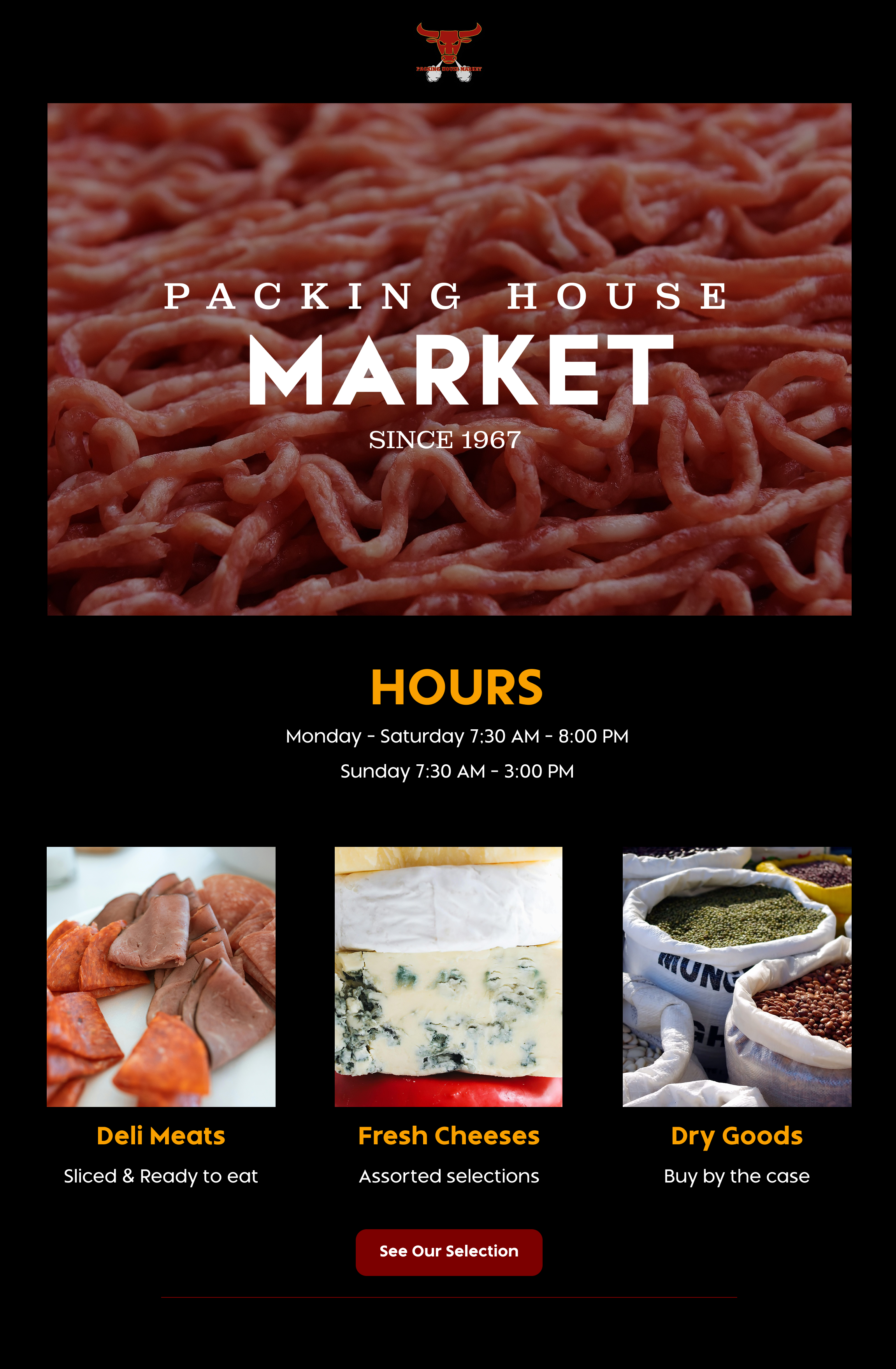 A promotional flyer for a packing house market featuring a background image of ground meat. The flyer includes the market's name, 'Packing House Market,' established in 1967, and lists operating hours from Monday to Saturday, 7:30 AM to 8:00 PM, and 