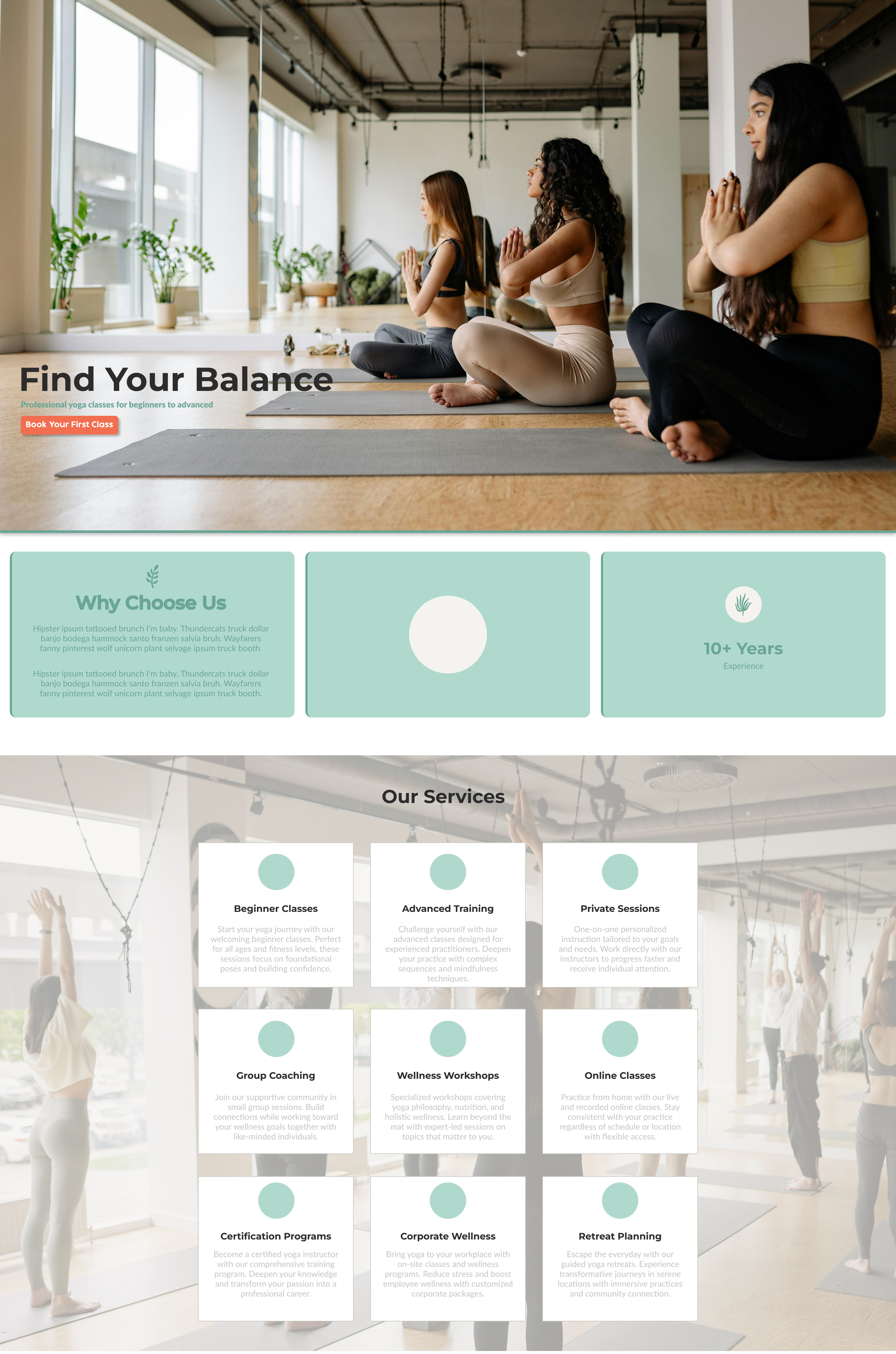 Three women practicing yoga in a brightly lit studio with large windows, sitting cross-legged on yoga mats with hands in a prayer position.