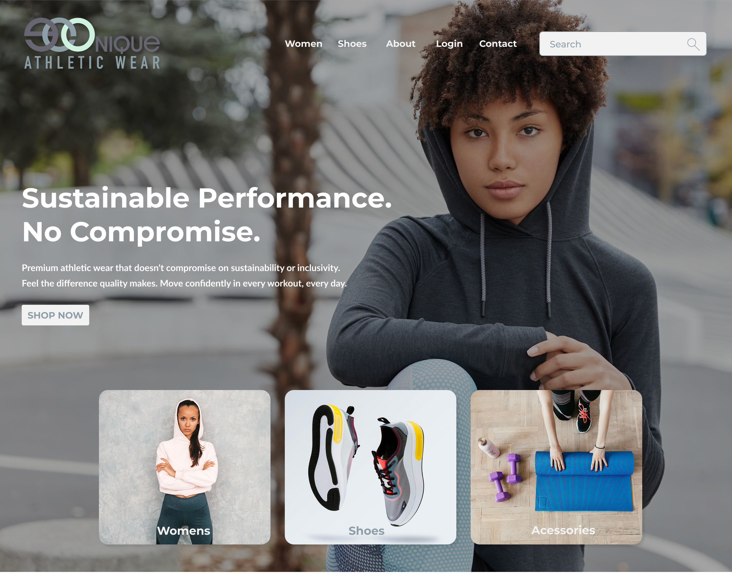 Homepage of a sportswear website showing a woman in a black hoodie with the headline "Sustainable Performance. No Compromise." and a call-to-action "Shop Now." Below are featured sections for Womens clothing, Shoes, and Accessories.