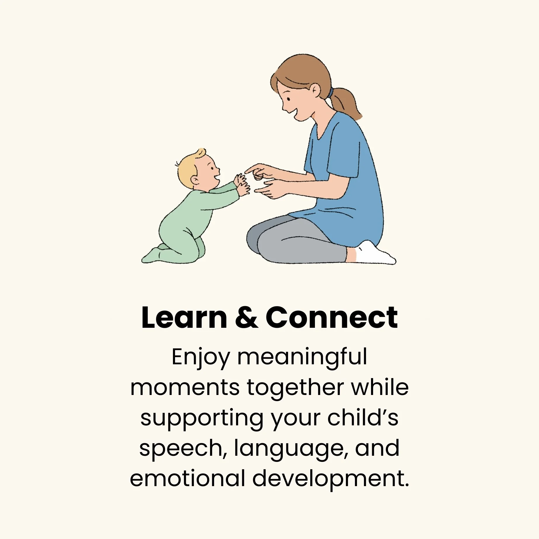 An illustration of a woman in medical scrubs playing with a young child on the floor, supporting their speech and emotional development.