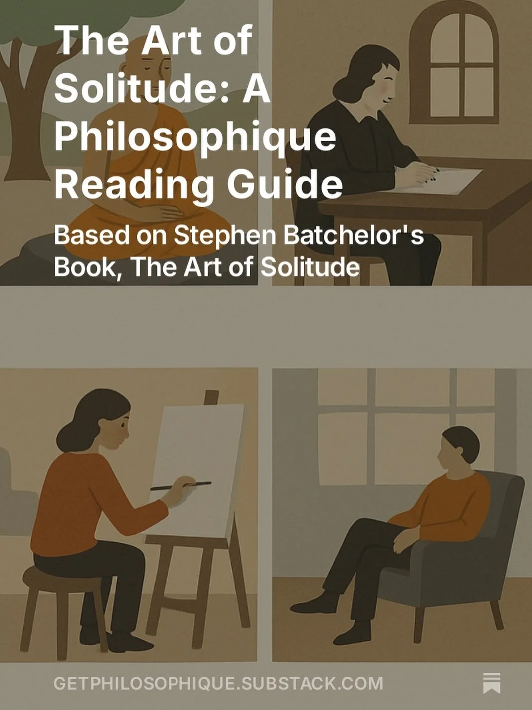 Full reading guide for The Art of Solitude up on Substack (link in bio) 😊&hellip; happy reading - podcast with Stephen Batchelor coming soon #getphilosophique #philosophy #bookstagram #buddhism #vermeer #agnesmartin #montaigne #solitude #contemplati
