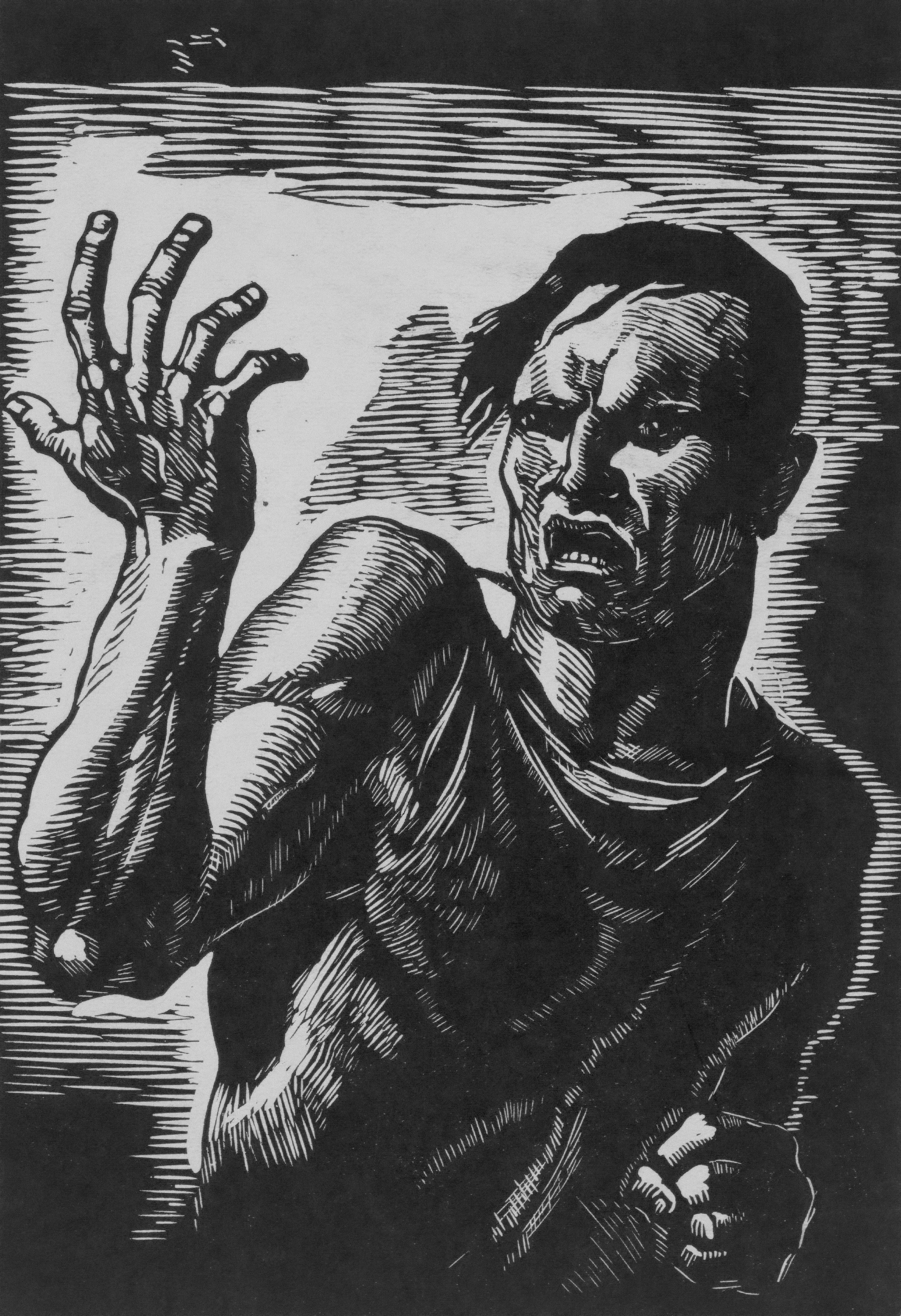 Black and white drawing of a person with a distressed expression, holding a large matchstick. The person has short hair and wears a shirt with rolled-up sleeves.