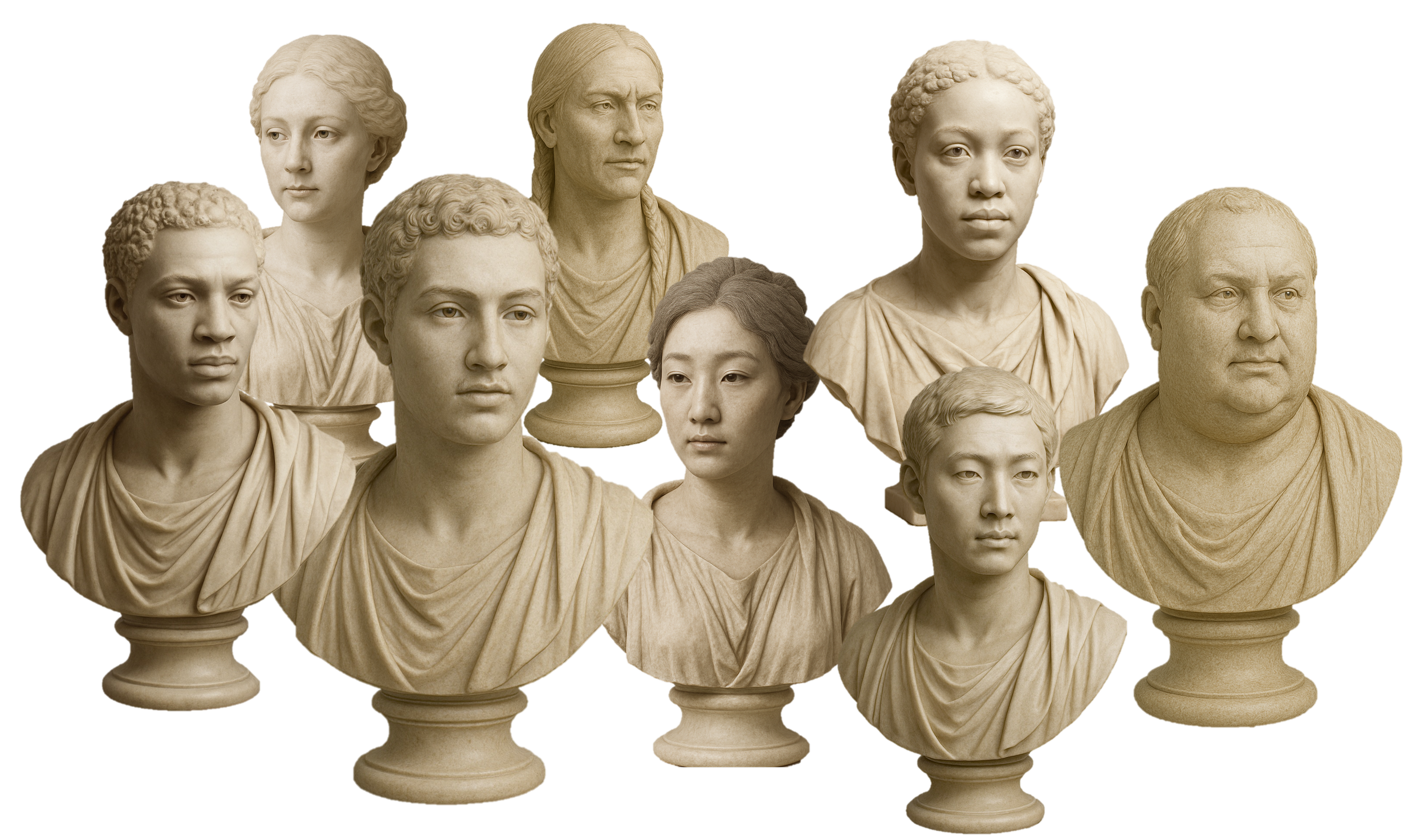 Collection of ten marble busts of people from classical antiquity, with diverse facial features and hairstyles, arranged in a semi-circle.