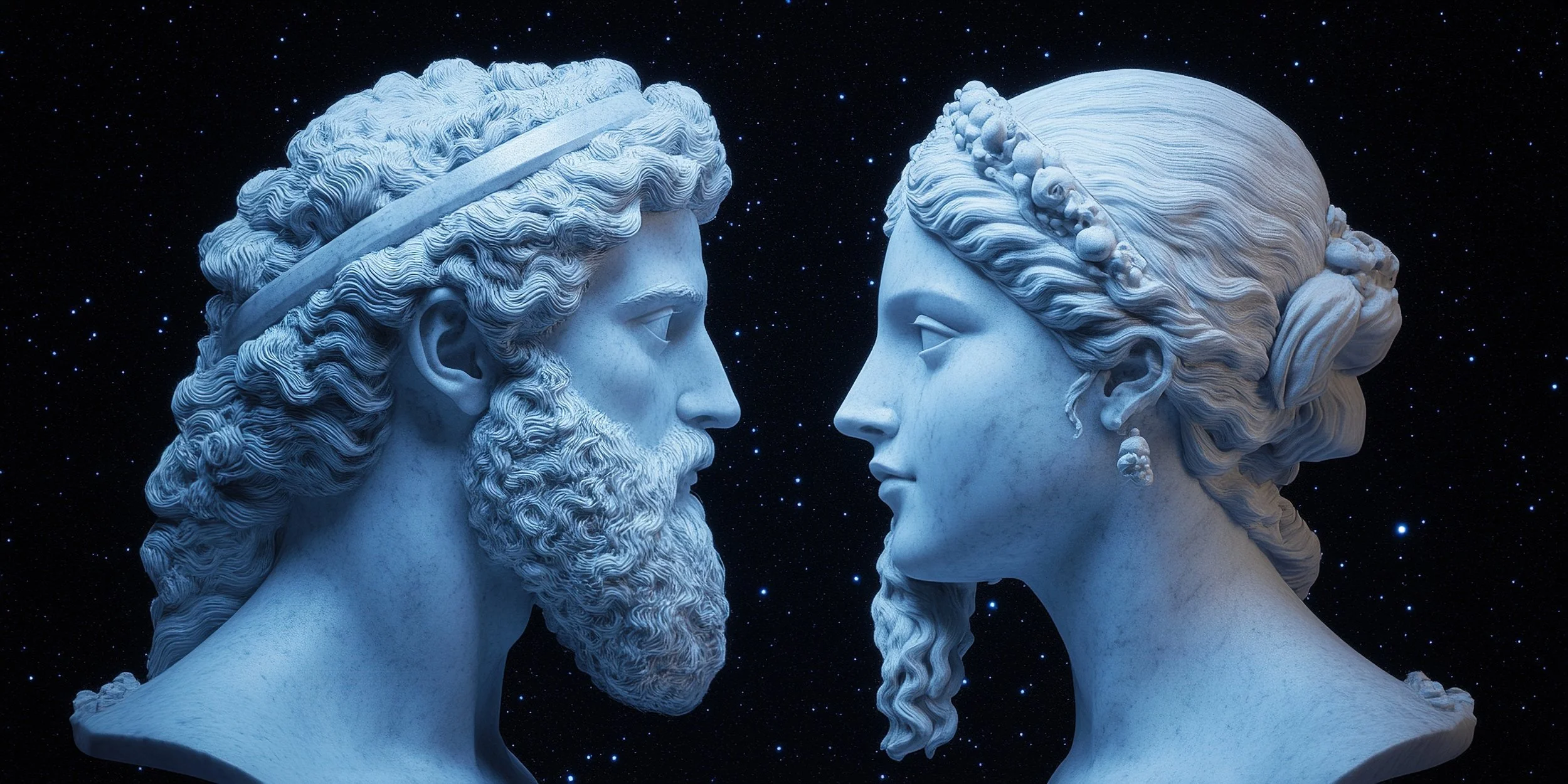 Marble sculptures of a man and woman facing each other against a starry background.