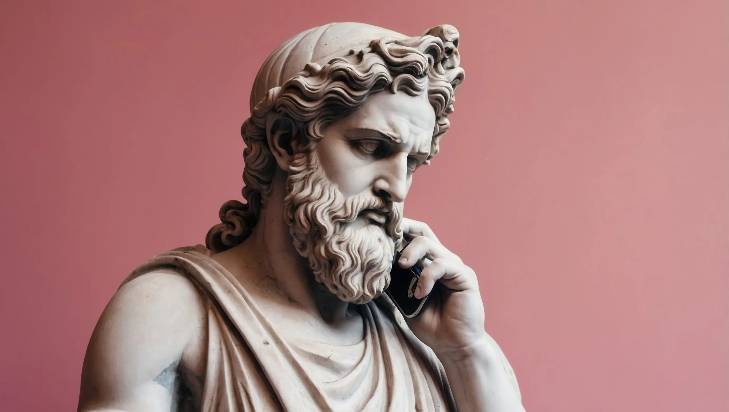 Classical marble statue of a bearded man holding a modern smartphone to his ear, set against a pink background.