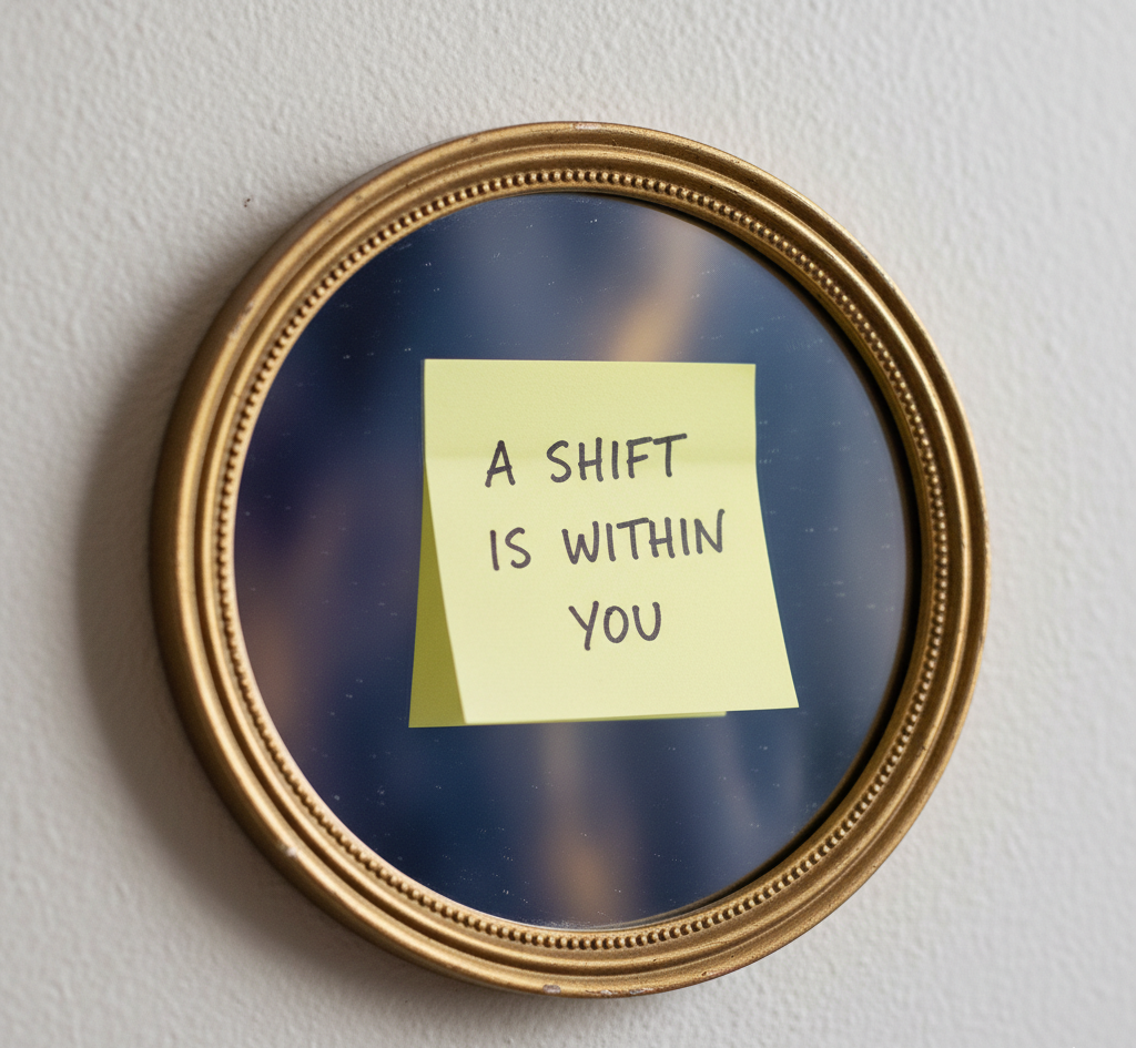 a mirror with a post it that reads a shift is within you