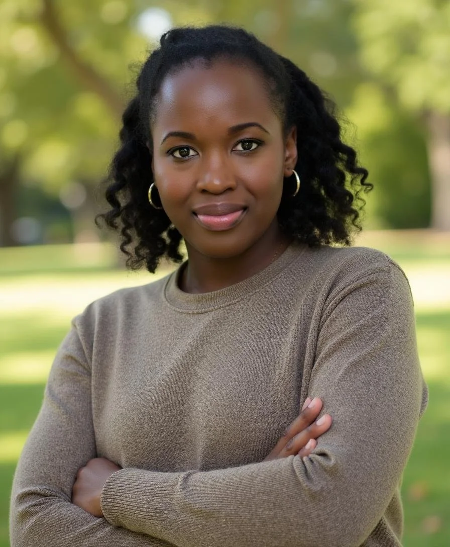 Woman standing outdoors with arms crossed, smiling in a calm, natural setting