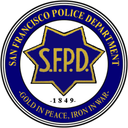 San Francisco Police Department badge with SFPD logo and the phrase 'Gold in Peace, Iron in War'
