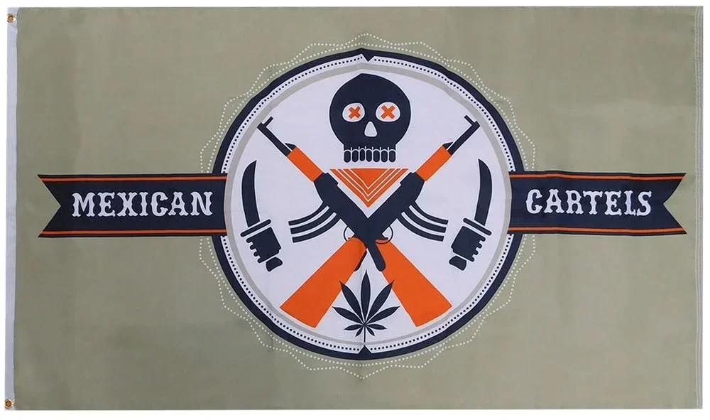 A banner with a skull wearing bandana, crossed guns, a marijuana leaf, and the words 'Mexican Cartels'.
