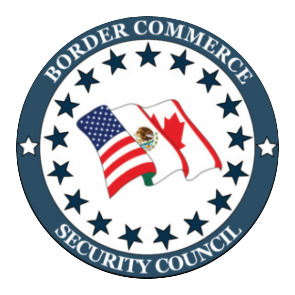 Circular emblem with a blue border and stars, featuring crossed American and Canadian flags in the center. The top reads 'Border Commerce' and the bottom 'Security Council'.