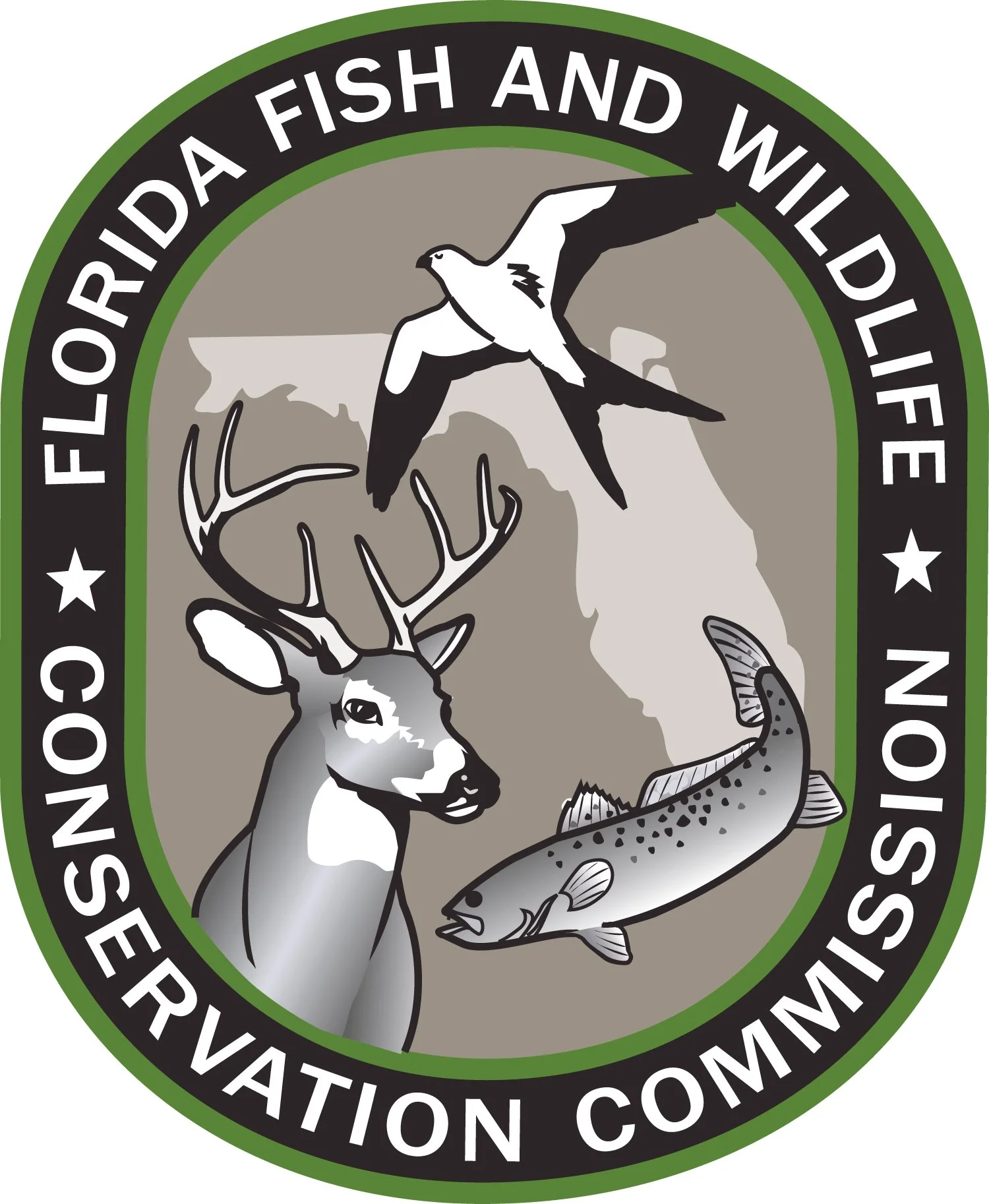 Florida Fish and Wildlife Conservation Commission badge featuring a deer, a fish, and a bird.
