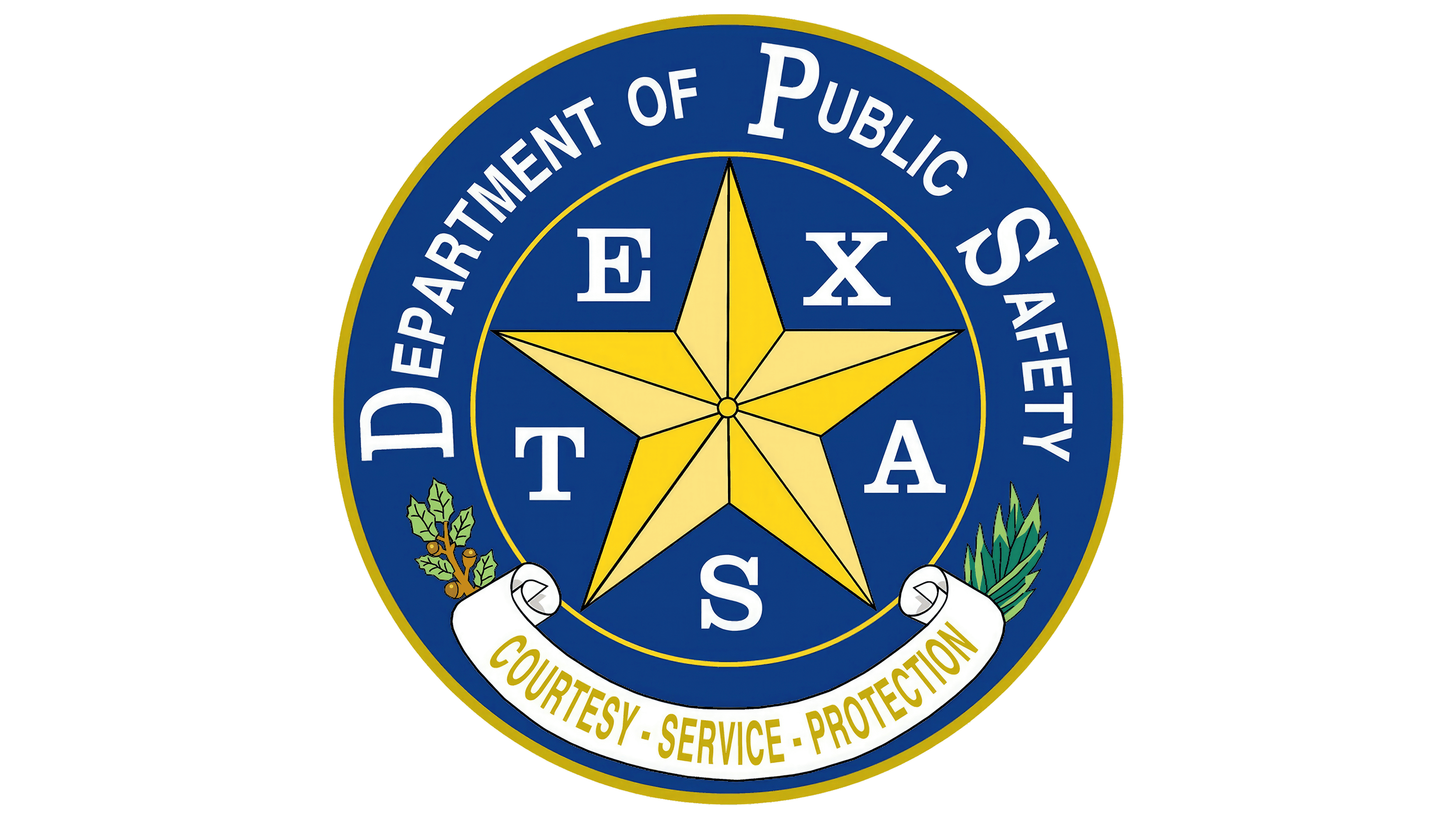 Emblem of the Texas Department of Public Safety featuring a gold star, blue and white text, and olive and oak branches, with the words 'Courteous, Service, Protection' on a scrolling banner.