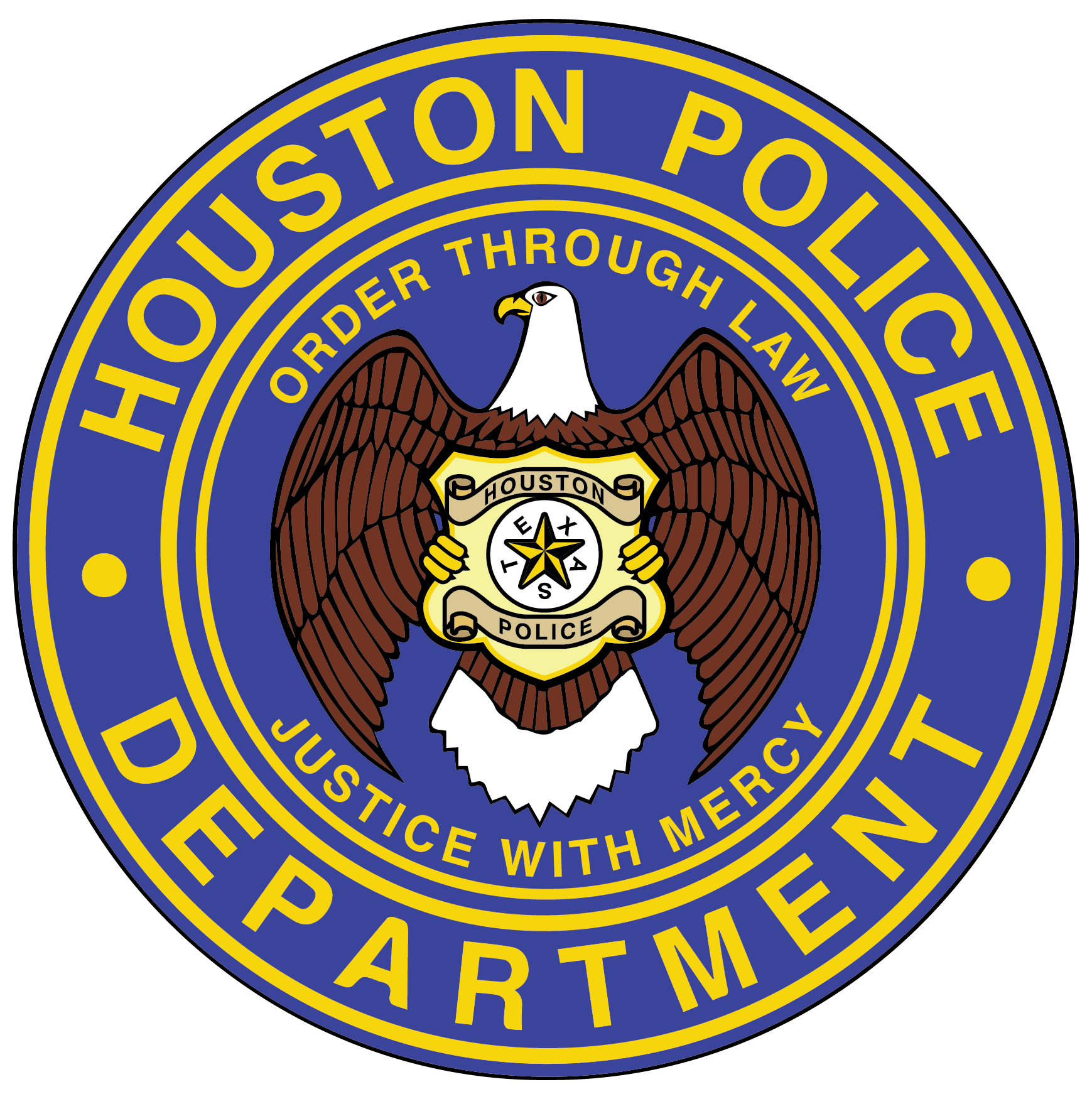 Seal of the Houston Police Department featuring an eagle holding a shield with the words 'Justice with Mercy' and 'Order Through Law'.