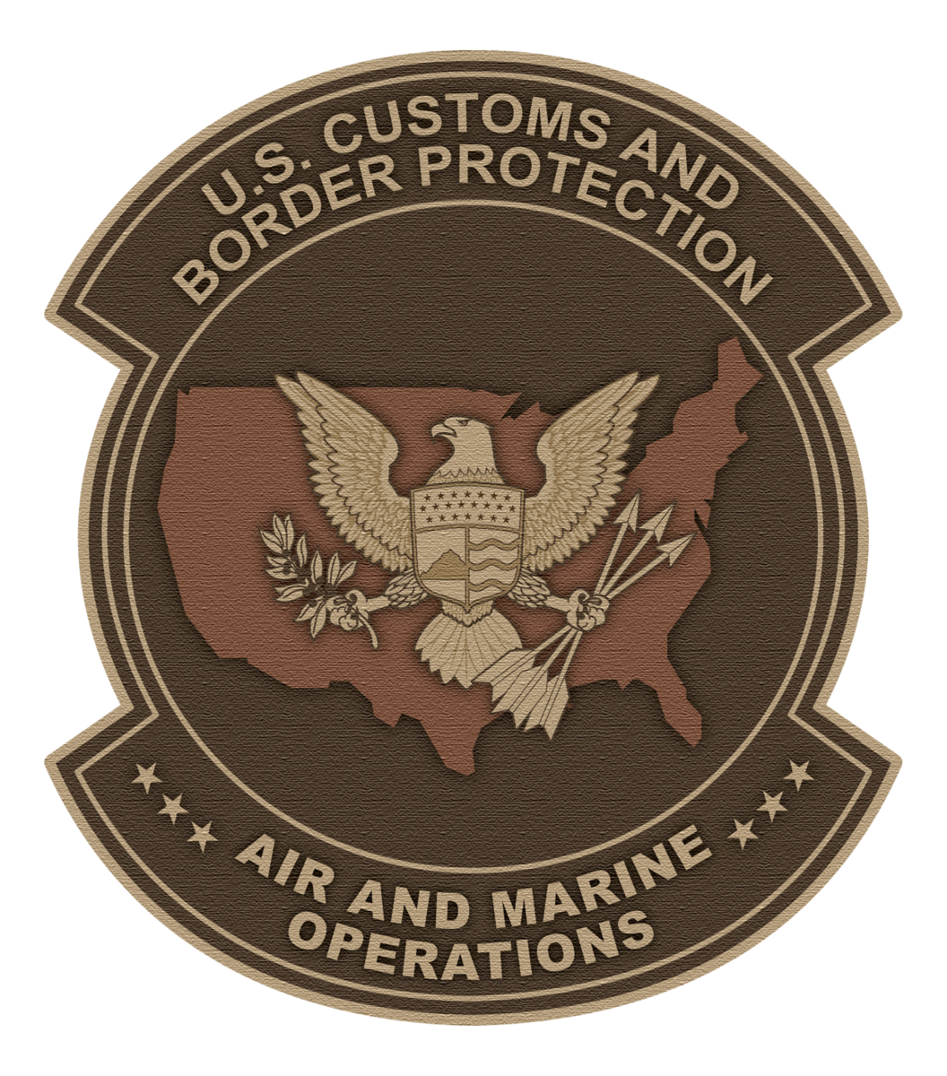 Seal of U.S. Customs and Border Protection, Air and Marine Operations, featuring an eagle with an olive branch and arrows, overlaying a map of the United States.