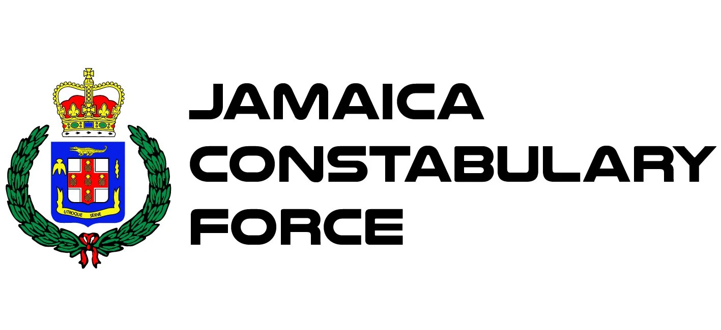 Jamaica Constabulary Force emblem with crown, shield, and laurel wreath, alongside the text 'Jamaica Constabulary Force' in bold black letters.