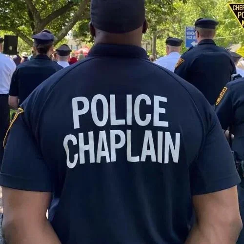 Back view of a police officer wearing a navy blue uniform with 'Police Chaplain' written on the back, standing outdoors among other officers.
