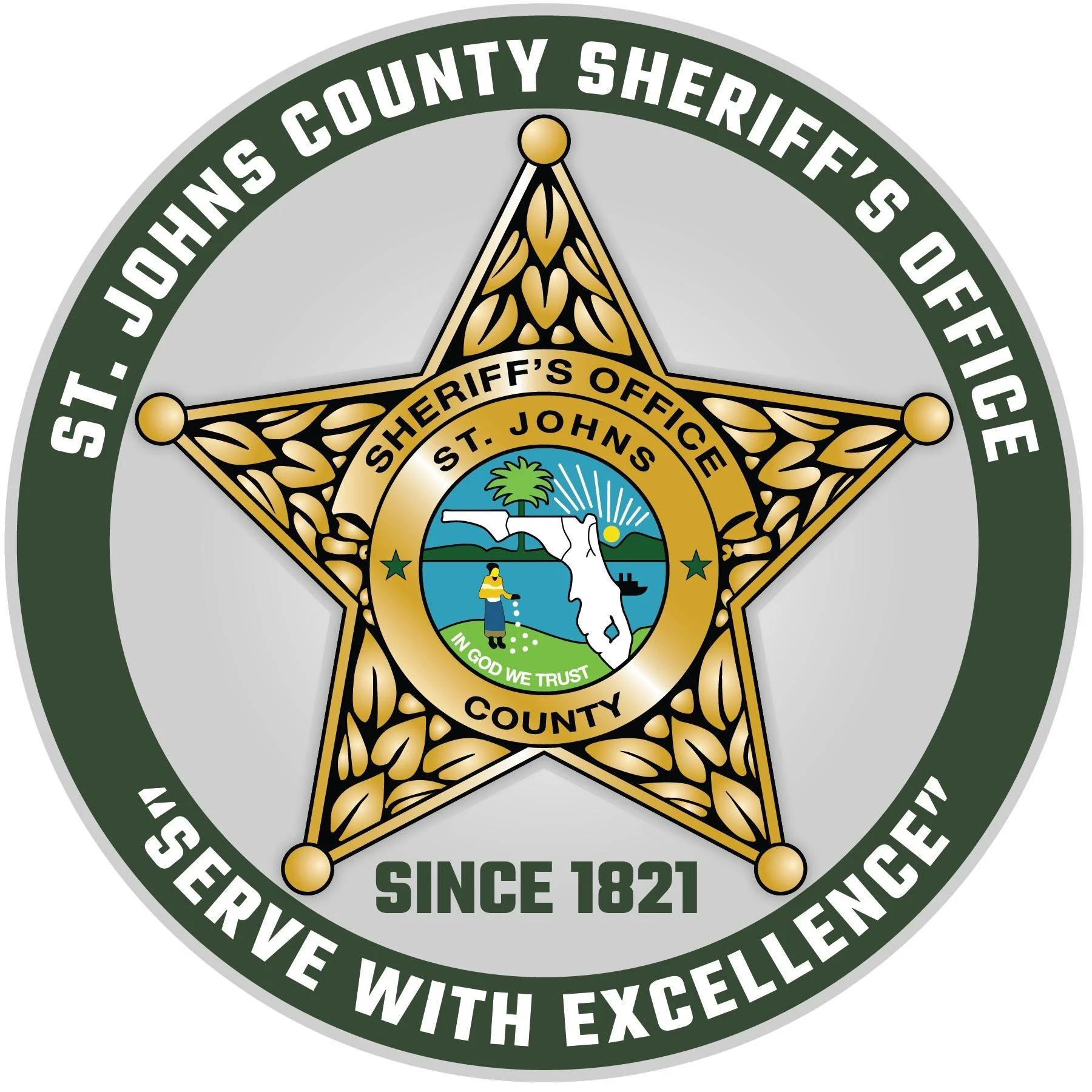 Seal of St. Johns County Sheriff's Office, featuring a gold star with intricate black detailing, the county's emblem with text, a tree, water, a lighthouse, and a person fishing, along with the slogans 'Since 1821' and 'Serve with Excellence'.