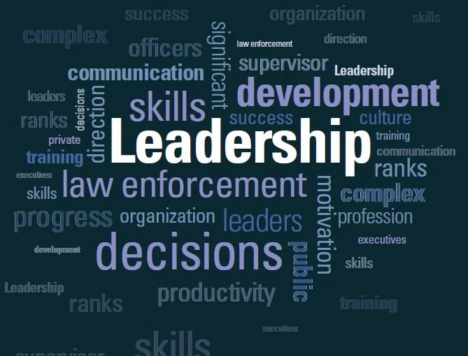 Word cloud with terms related to leadership, law enforcement, skills, development, decisions, organization, training, communication, progress, ranks, supervision, motivation, and complexity.