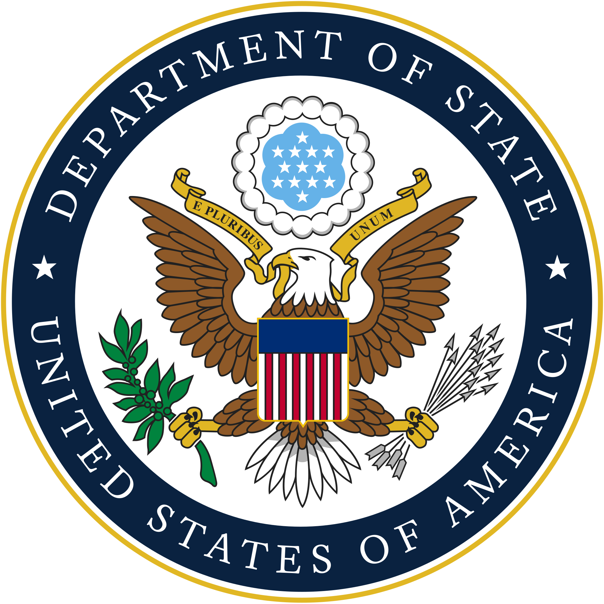 Seal of the U.S. Department of State featuring a bald eagle, shield, olive branch, arrows, and a blue insignia with white stars, encircled by a dark blue border with white lettering.