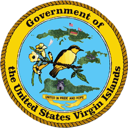 Seal of the Government of the United States Virgin Islands featuring a yellow border, a blue circle with a map, a yellow and black bird, and the motto 'United in Pride and Hope'.