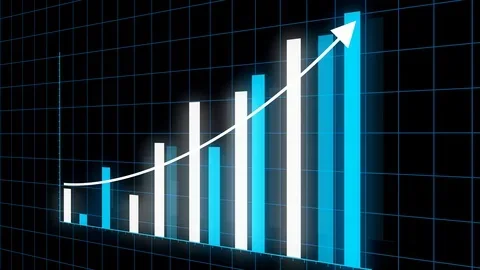 A digital graph showing an upward trend with white bars and a white arrow on a dark grid background.