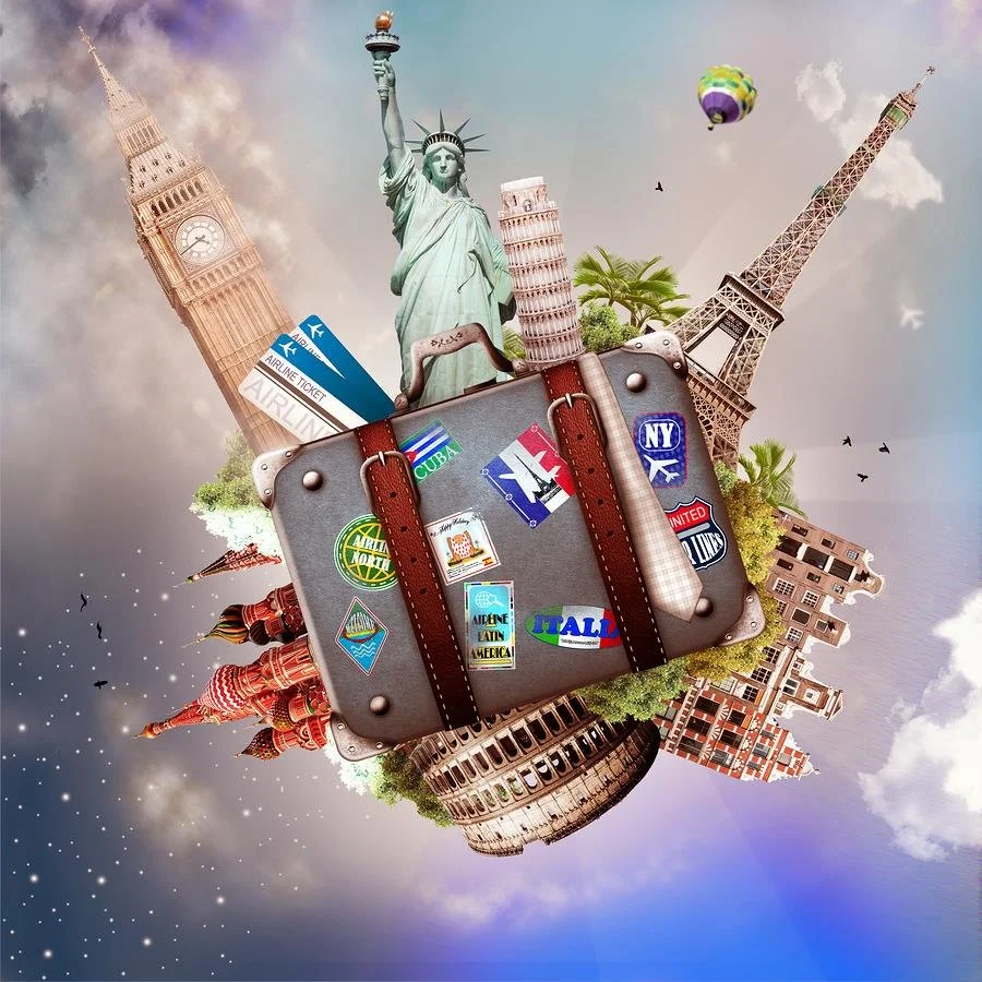 A suitcase with travel stickers floating in a surreal scene featuring landmarks like the Statue of Liberty, Big Ben, Pisa Tower, Eiffel Tower, and Colosseum with hot air balloons and birds in the sky.