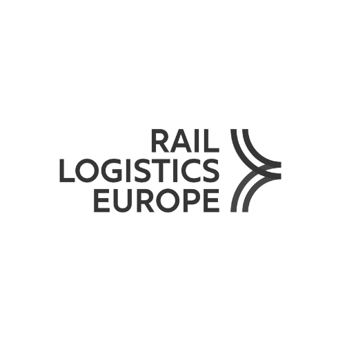 Logo de Rail Logistics Europe en noir et blanc avec texte et lignes courbes.