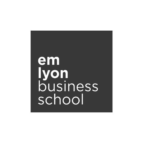 Logo du EM Lyon Business School avec le texte en blanc sur fond gris foncé