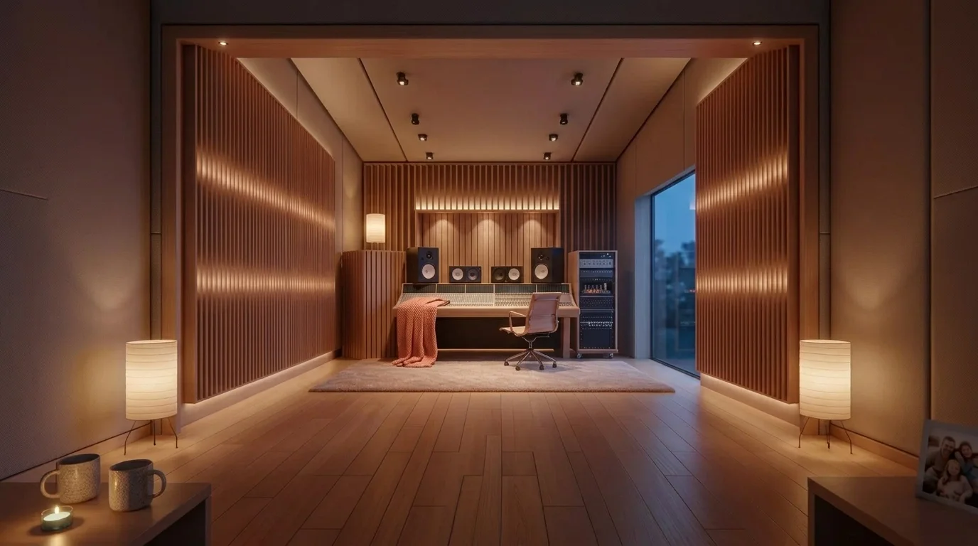 A warm, intimate podcast studio with soft lighting and a lit candle, representing the quiet growth and emotional maturity of a secure relationship.