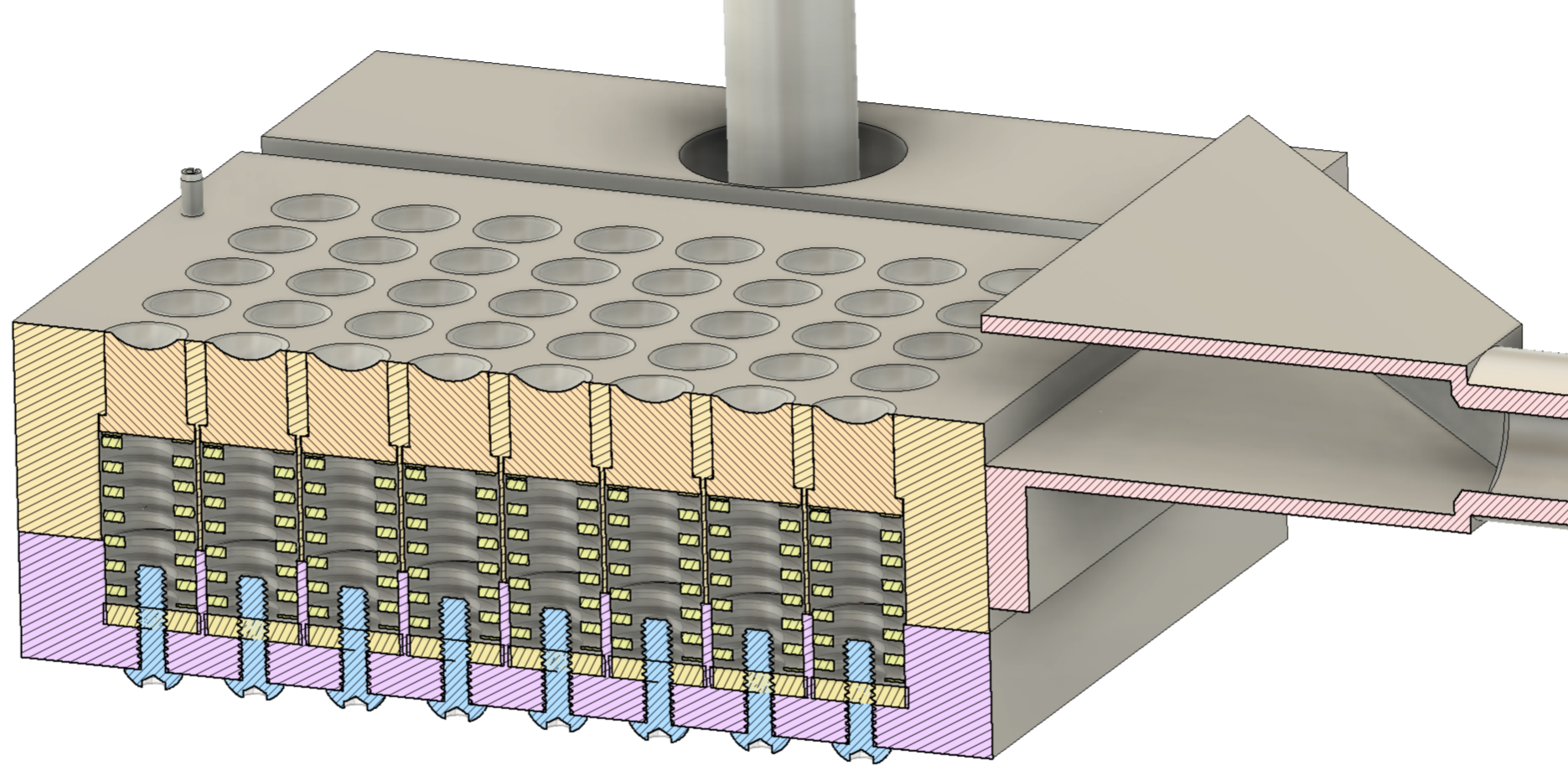 A detailed cross-sectional diagram of a mechanical device, showing an array of circular components on top, with various internal mechanisms including spring-like structures, springs, gears, and different colored layers indicating different materials or parts.