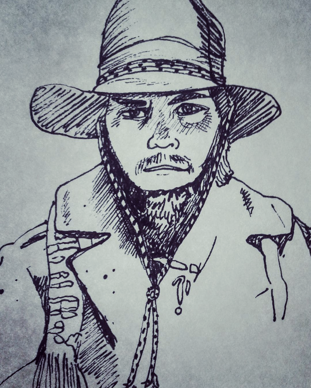 Black ink sketch of a man with a beard, wearing a wide-brimmed hat and a jacket with a collar, with a serious expression.