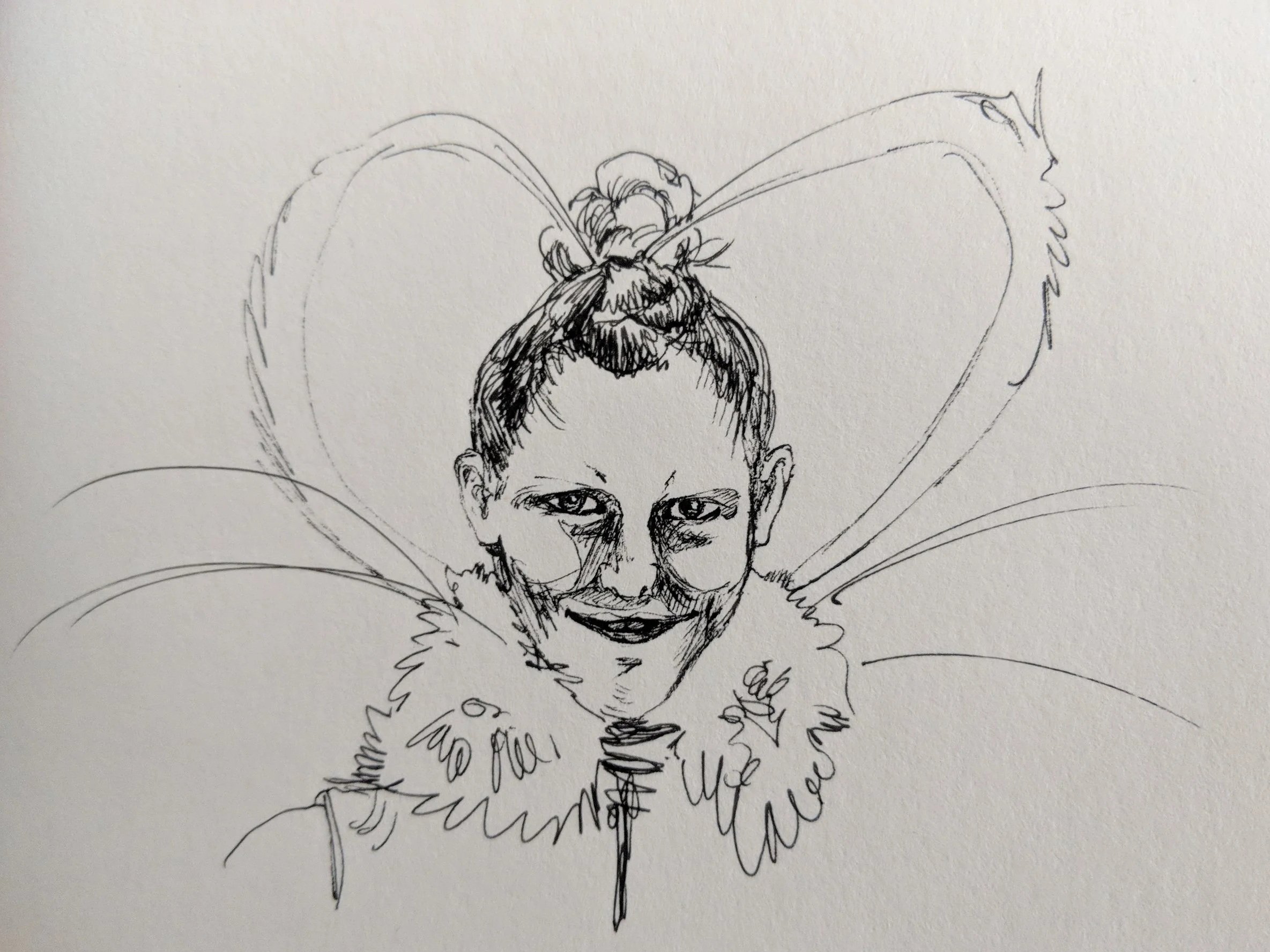 Sketch of a smiling child with butterfly wings, fairy costume, and a butterfly on top of their head.