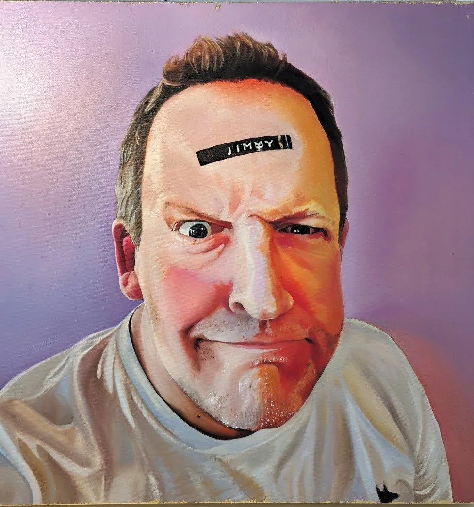Realistic oil portrait of a man in a white T shirt with a silly expression on his face, painted on canvas by Brandy Mahaney