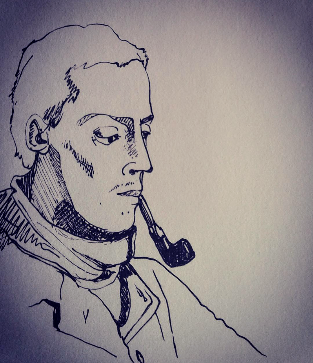A hand-drawn sketch of a man in profile wearing a jacket and smoking a pipe.