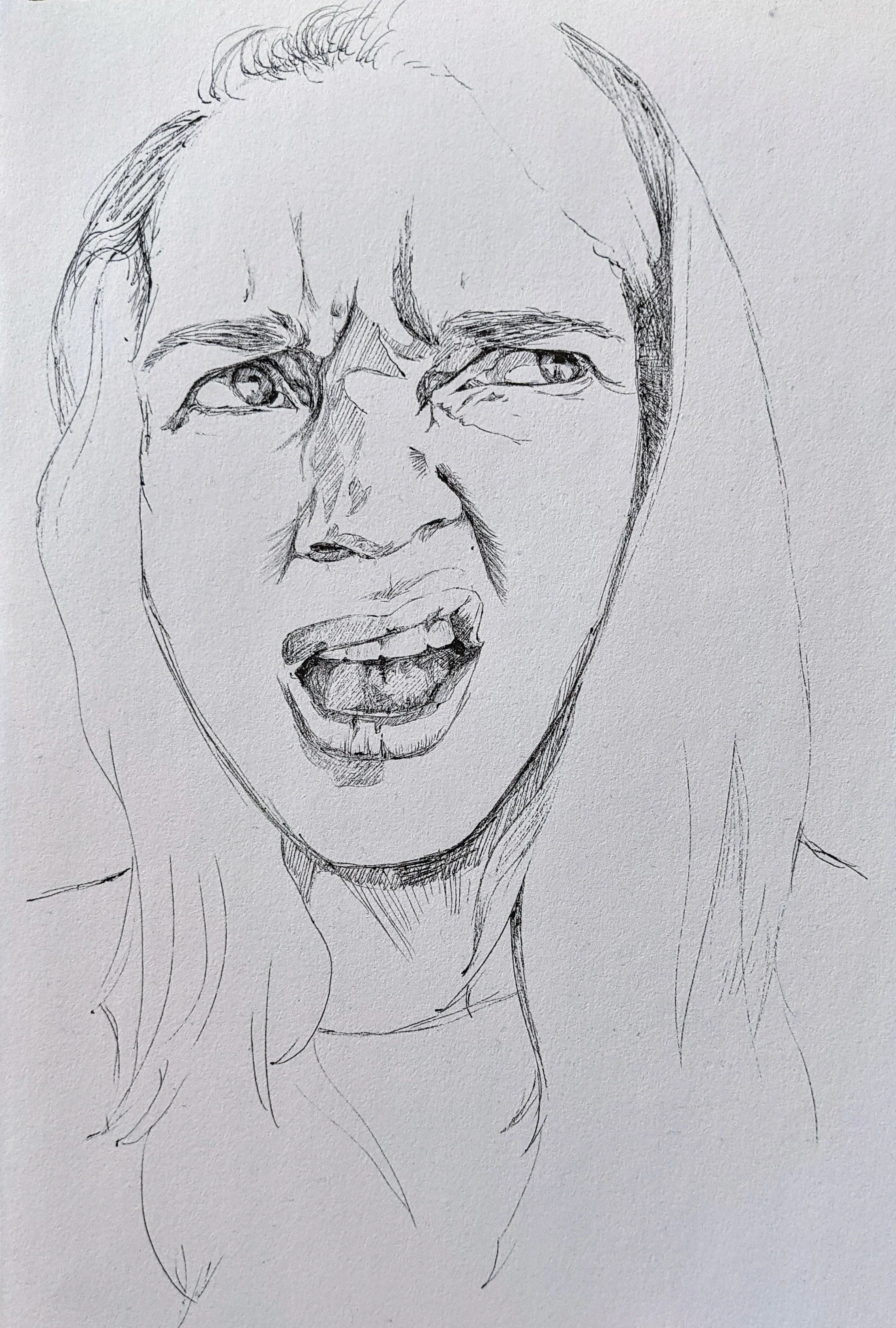 A line drawing of a woman with her mouth open, appearing to be yelling or expressing strong emotion.