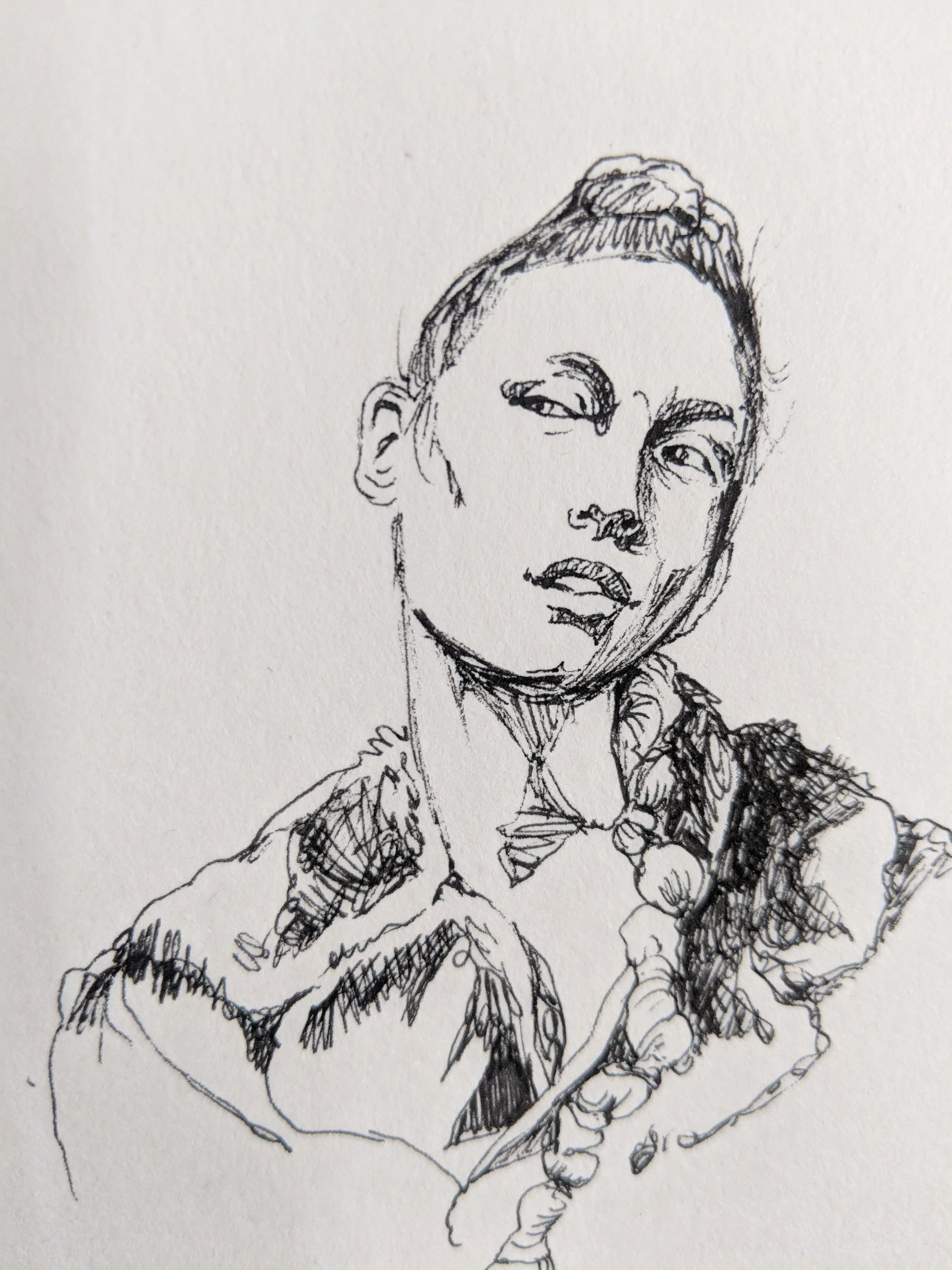 Black ink sketch of a woman with her hair tied back, wearing a jacket with ruffled sleeves, looking slightly to her left.