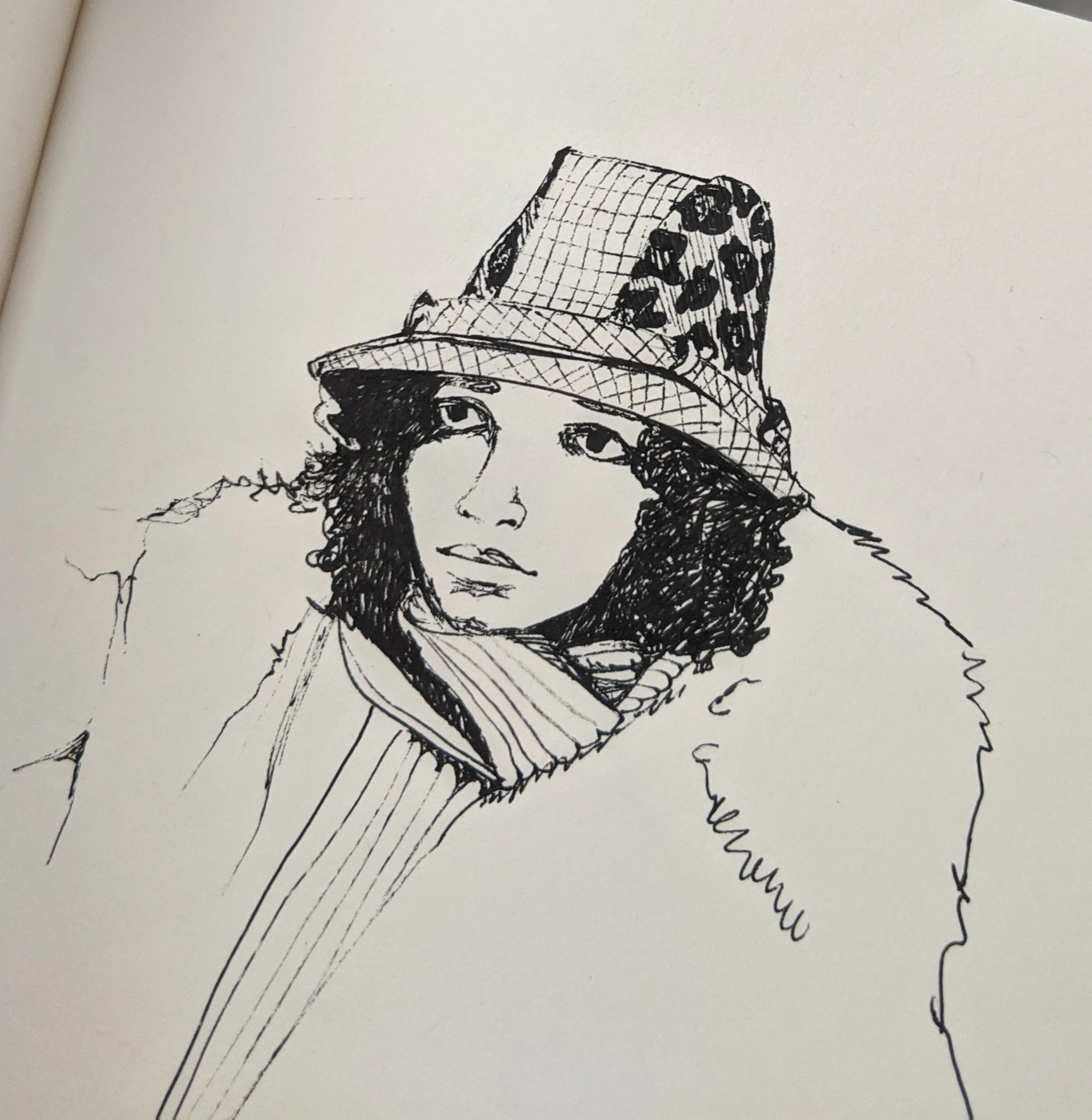 A black ink sketch of a woman wearing a hat with a leopard print pattern and a scarf around her neck.