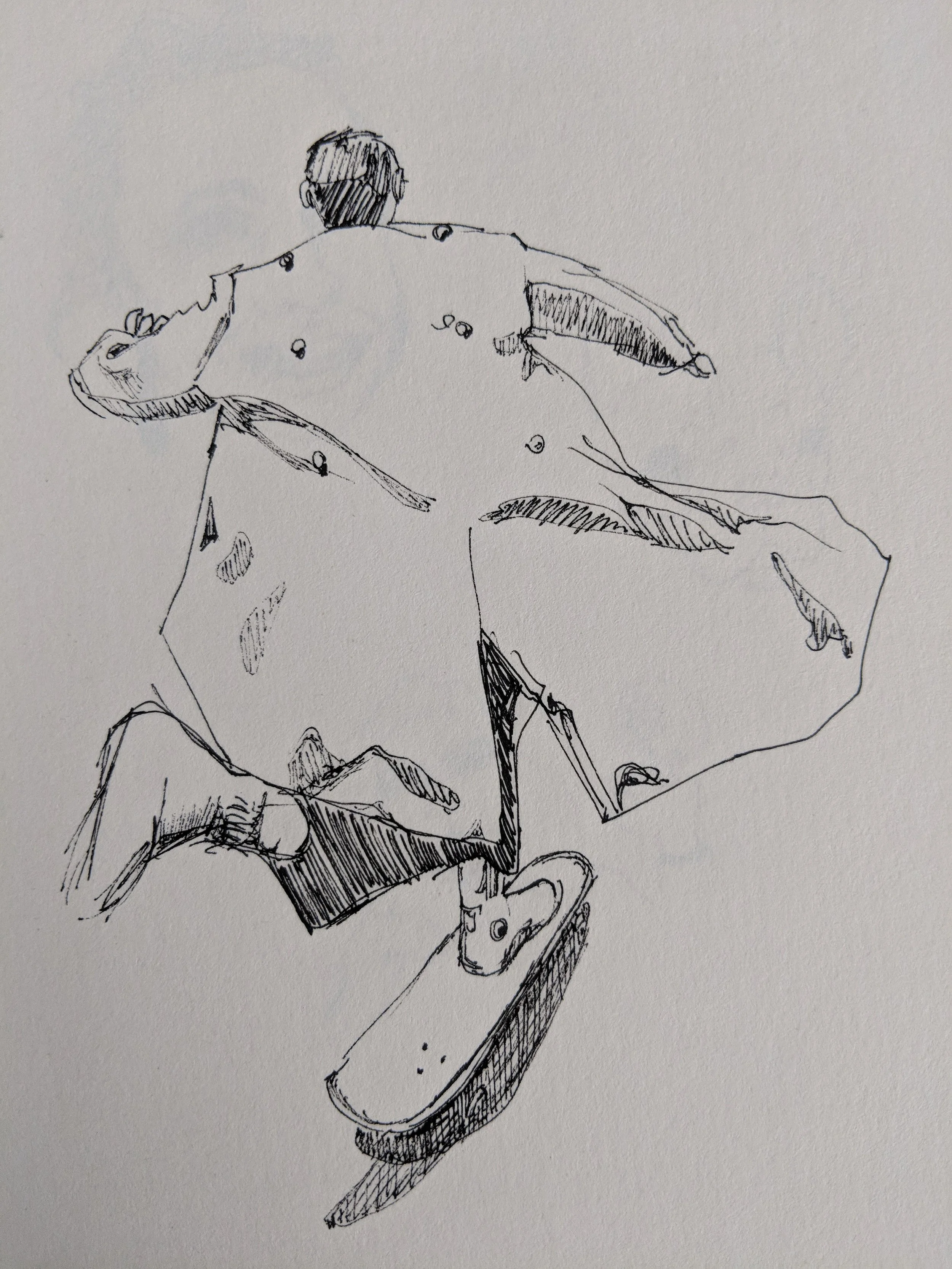 Line drawing of a person riding a skateboard while holding a large umbrella.