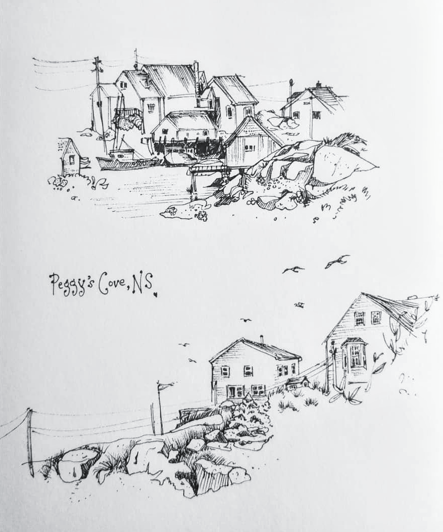A black and white sketch of Peggy's Cove in Nova Scotia, featuring houses near water and rocky terrain.