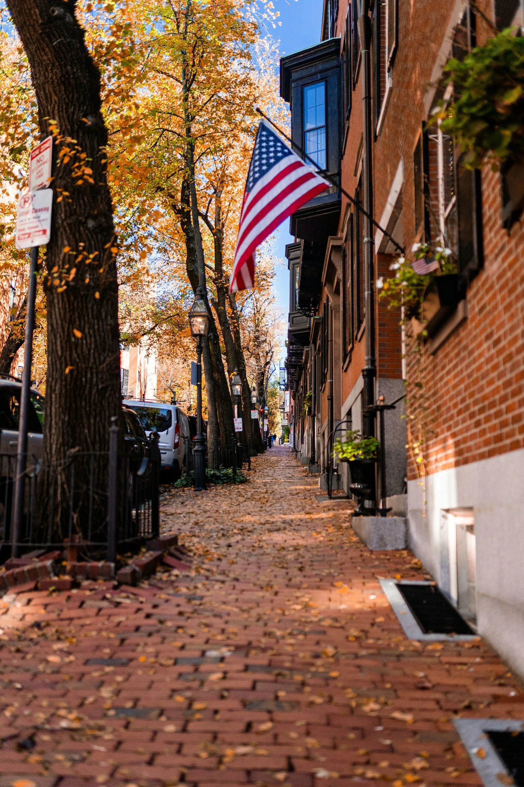 A brick sidewalk lined with parked cars and trees with autumn leaves. An American flag is hanging from a building, with a clear blue sky in the background.