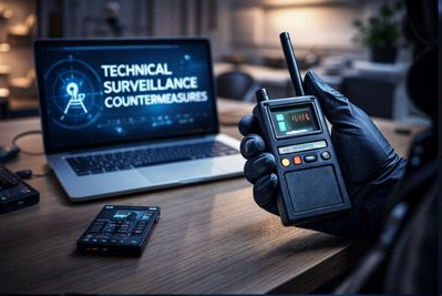 Hand holding a digital device in front of a laptop screen displaying 'Technical Surveillance Countermeasures'