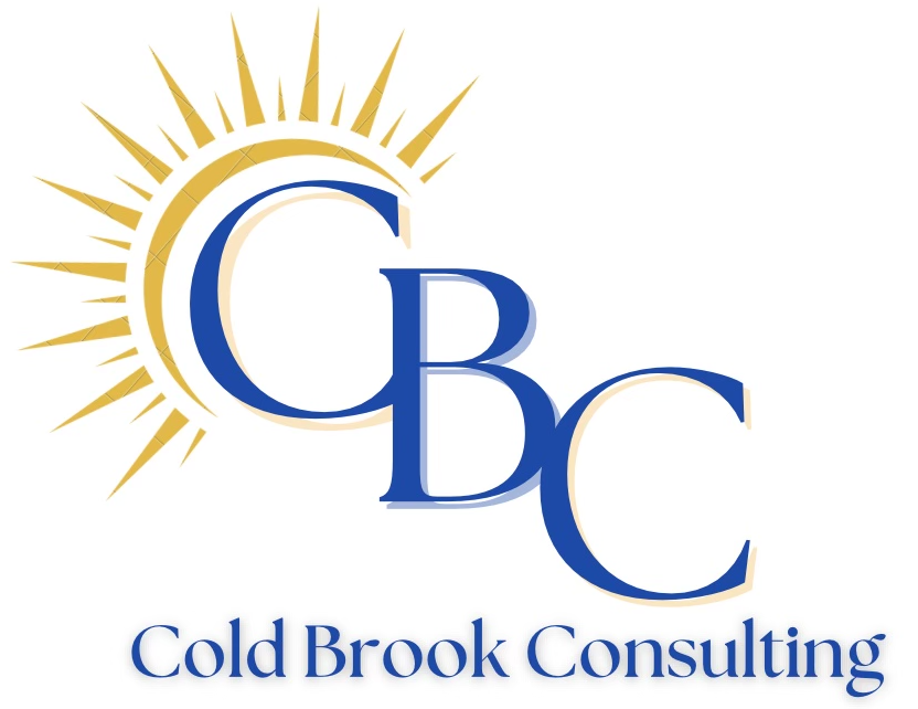 Logo for Cold Brook Consulting featuring stylized blue letters 'CBC' with a gold sunburst design behind the letter 'C'.
