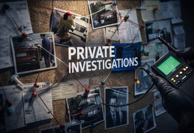 A detective's board filled with photographs, documents, and string connections, along with a hand holding a radio transmitter, indicating an investigation.