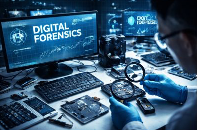 A person in blue gloves examining electronic components with a magnifying glass in front of monitors displaying 'Digital Forensics' in a high-tech lab.