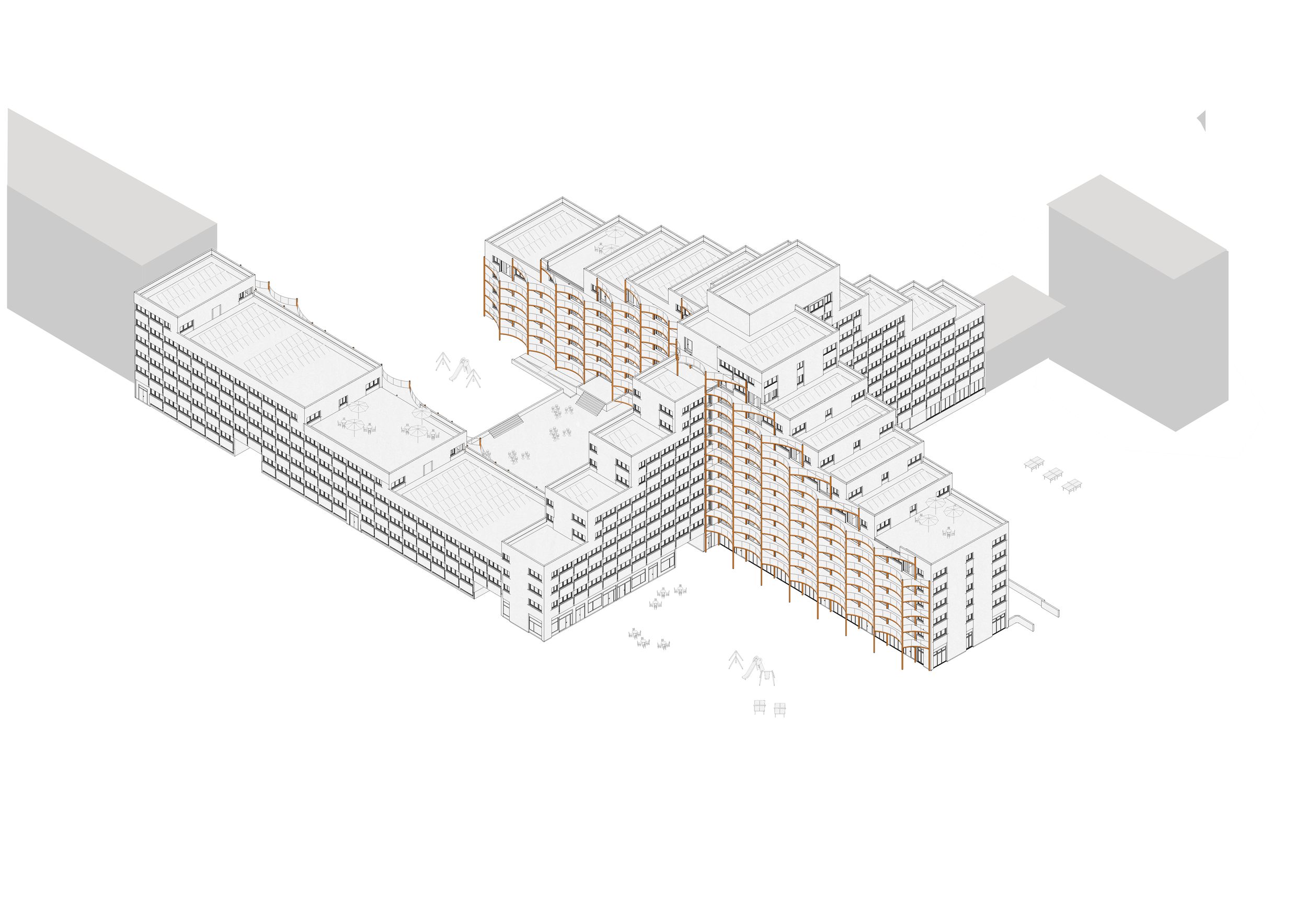 Isometric drawing of a multi-story residential building complex with outdoor playgrounds and rooftop areas.