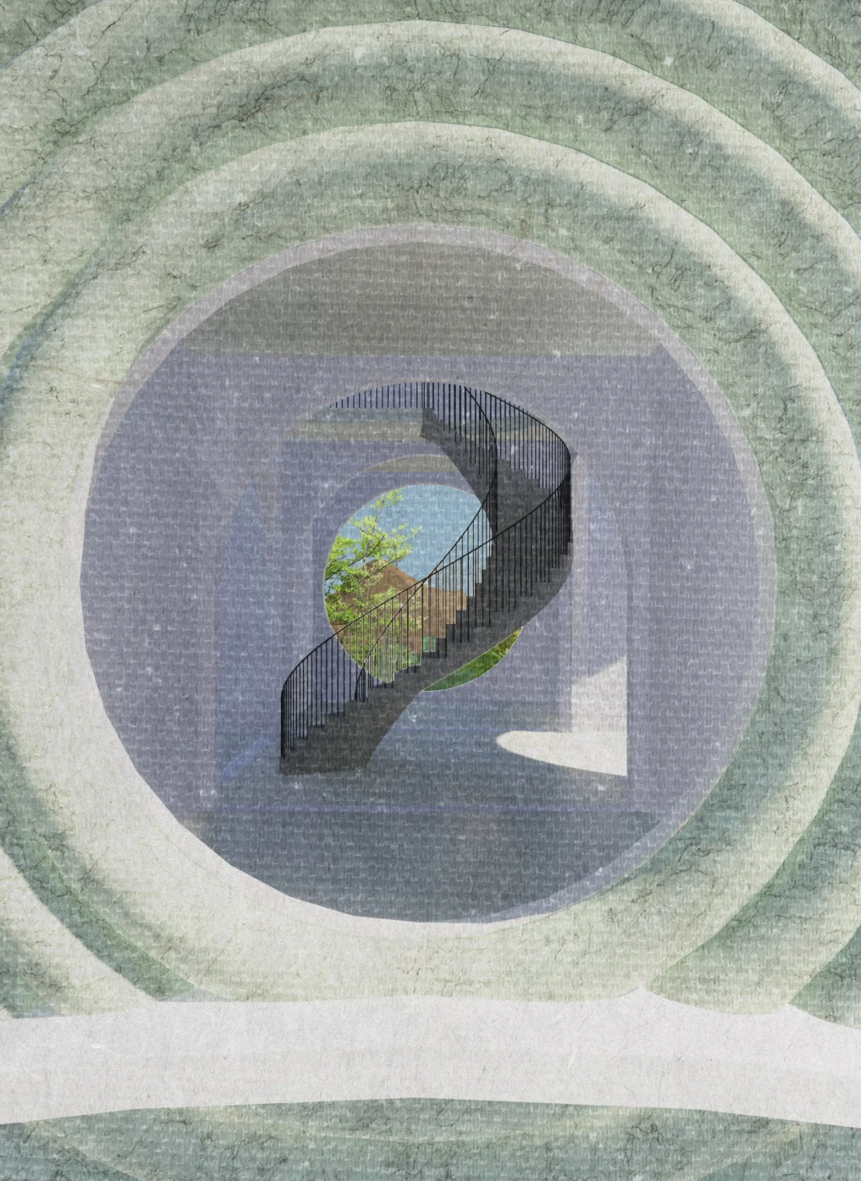 A spiral staircase with black railings viewed through a circular opening, with a landscape of trees and water visible outside.