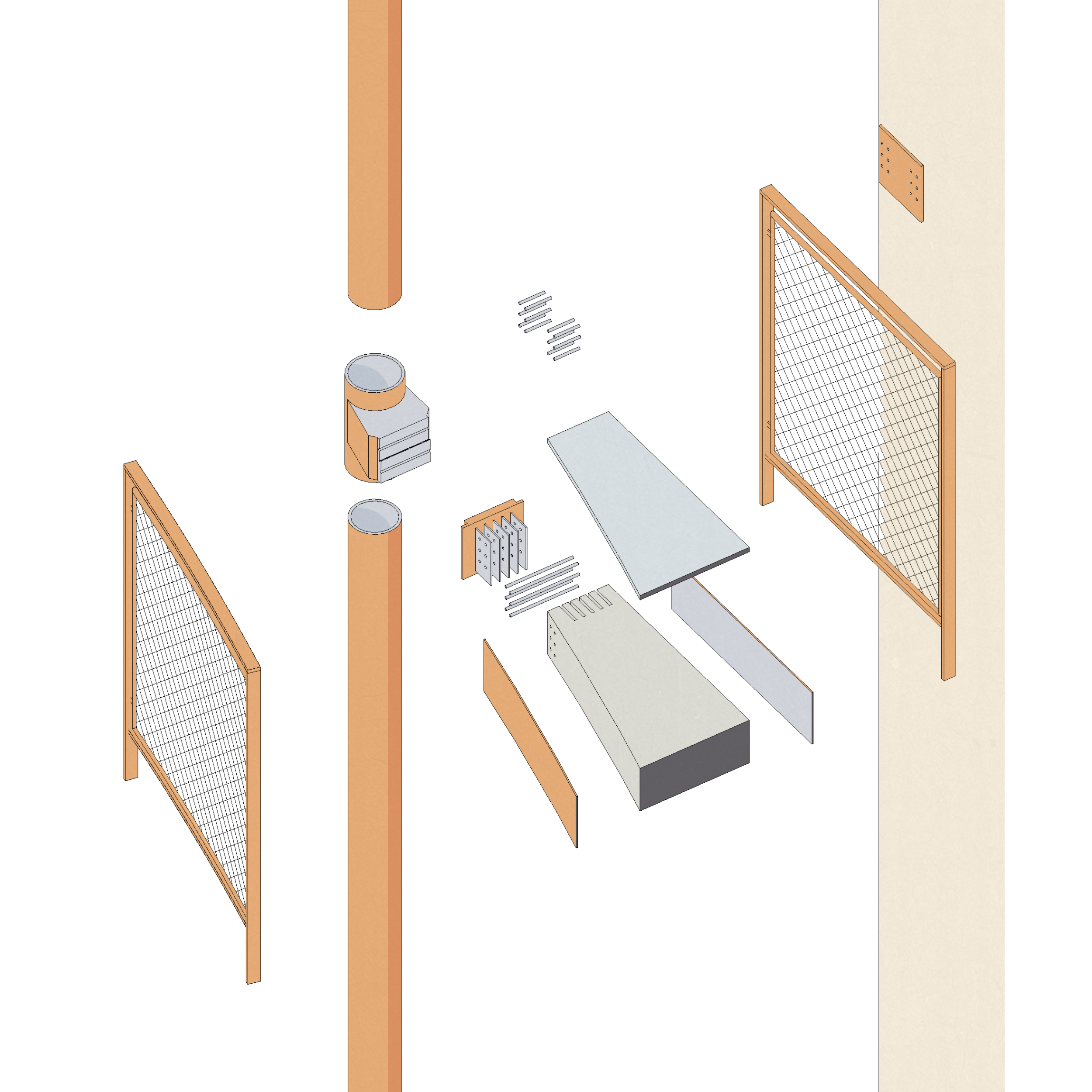 An exploded view diagram of a skate court with wooden posts, metal nets, and various construction materials.